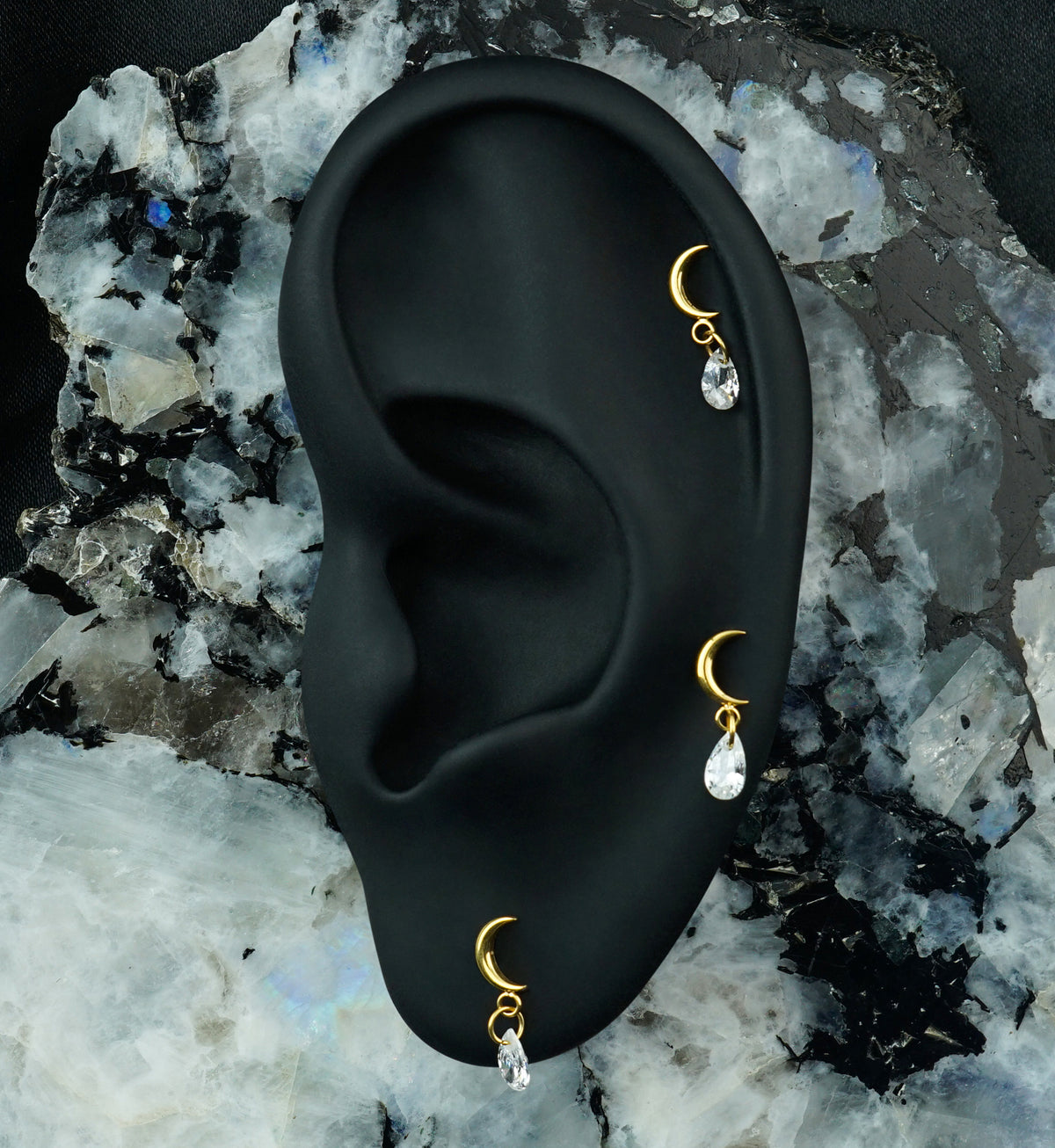 Gold PVD Crescent Moon Teardrop CZ Dangle Titanium Threadless Top
