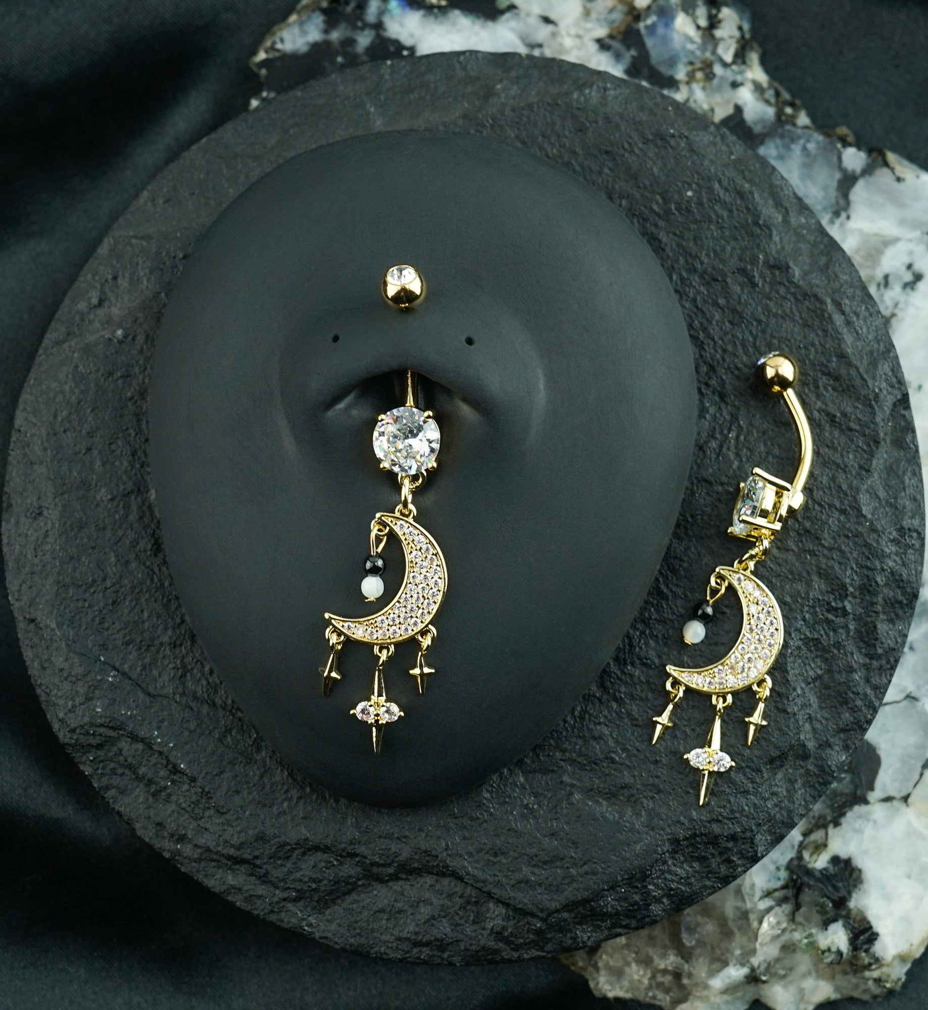 Gold PVD Crescent Moon With Triple Dangle Star Clear CZ Stainless Steel Belly Button Ring