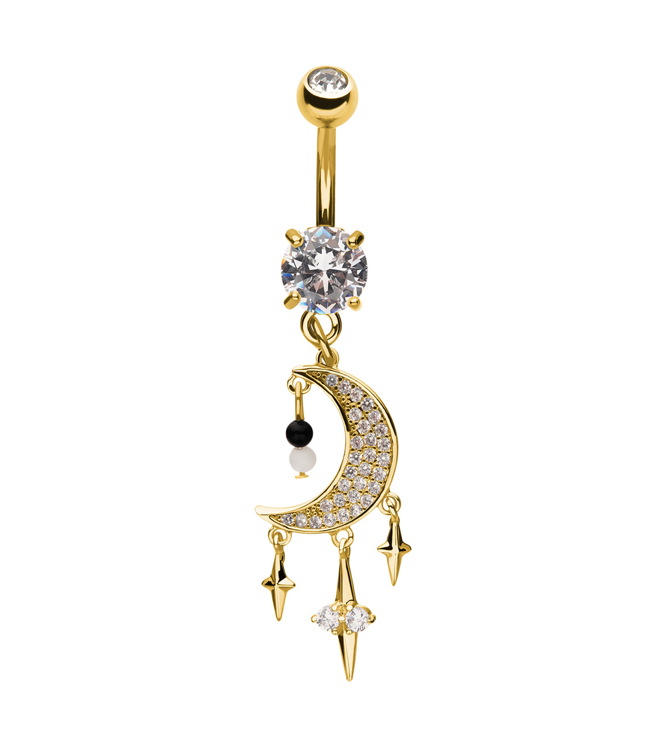 Gold PVD Crescent Moon With Triple Dangle Star Clear CZ Stainless Steel Belly Button Ring