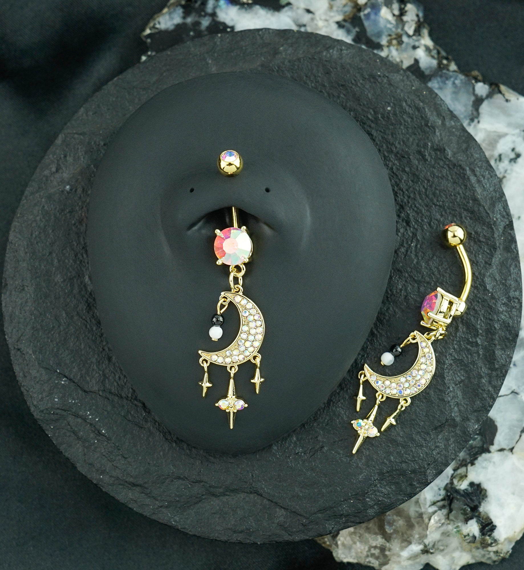 Gold PVD Crescent Moon With Triple Dangle Star Rainbow Aurora CZ Stainless Steel Belly Button Ring
