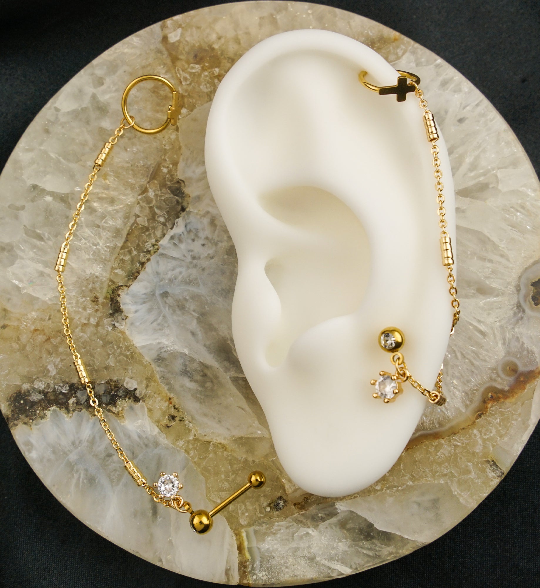 Gold PVD Cross Hoop/Barbell Clear CZ Stainless Steel Piercing Chain