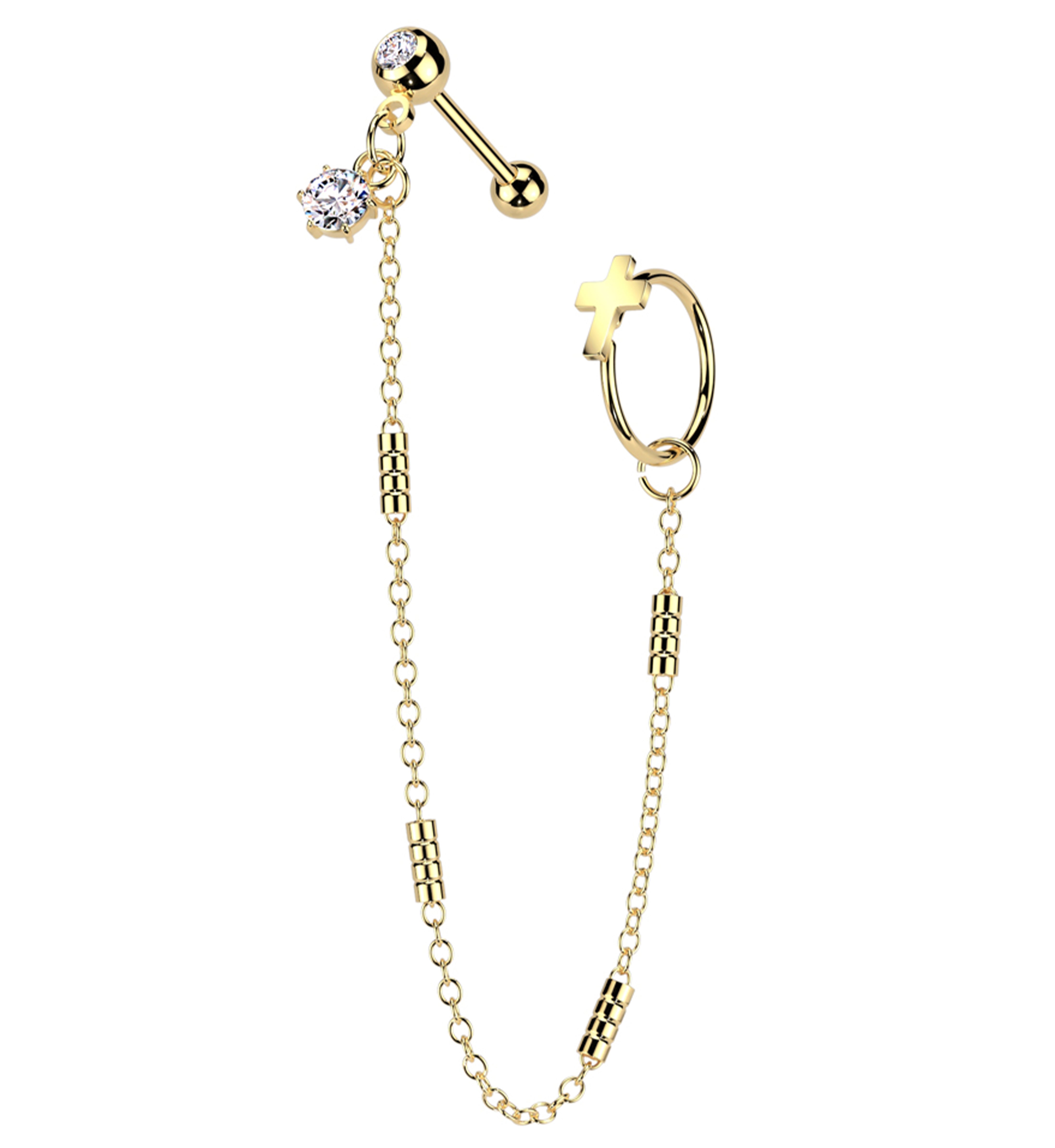 Gold PVD Cross Hoop/Barbell Clear CZ Stainless Steel Piercing Chain