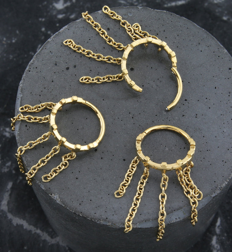 Gold PVD Cross Row Dangle Chains Stainless Steel Hinged Segment Ring