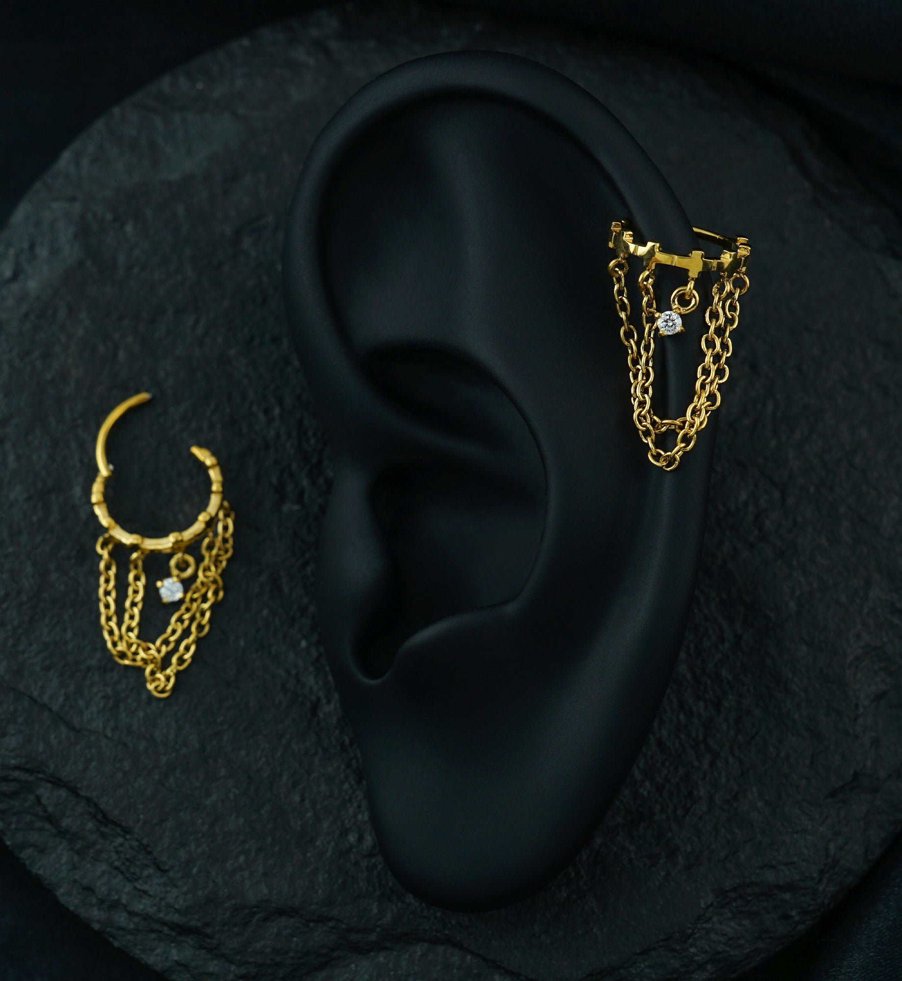 Gold PVD Cross Row Dangle Clear CZ Double Chain Stainless Steel Hinged Segment Ring