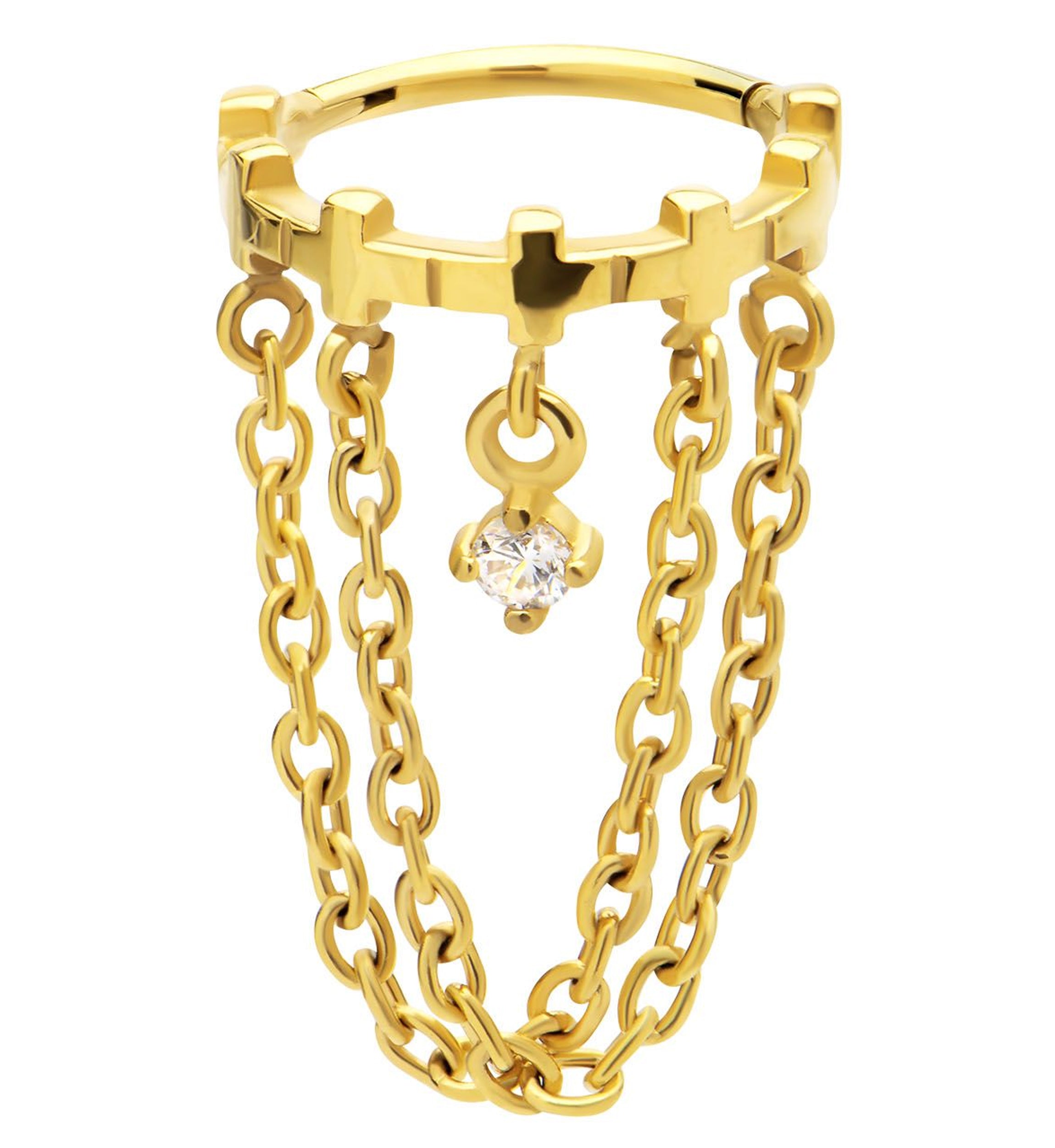 Gold PVD Cross Row Dangle Clear CZ Double Chain Stainless Steel Hinged Segment Ring