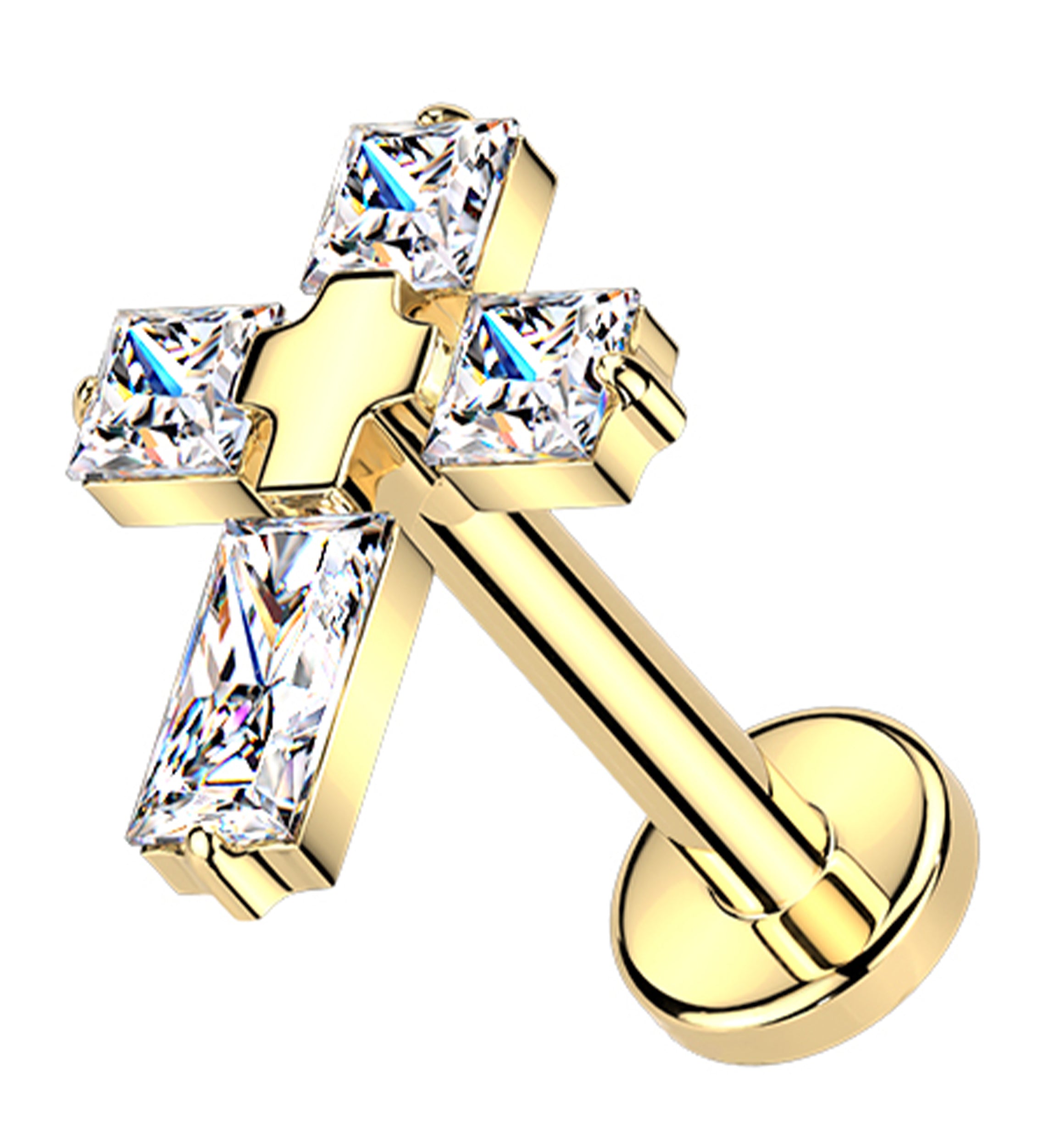 Gold PVD Cross Square Clear CZ Titanium Threadless Labret