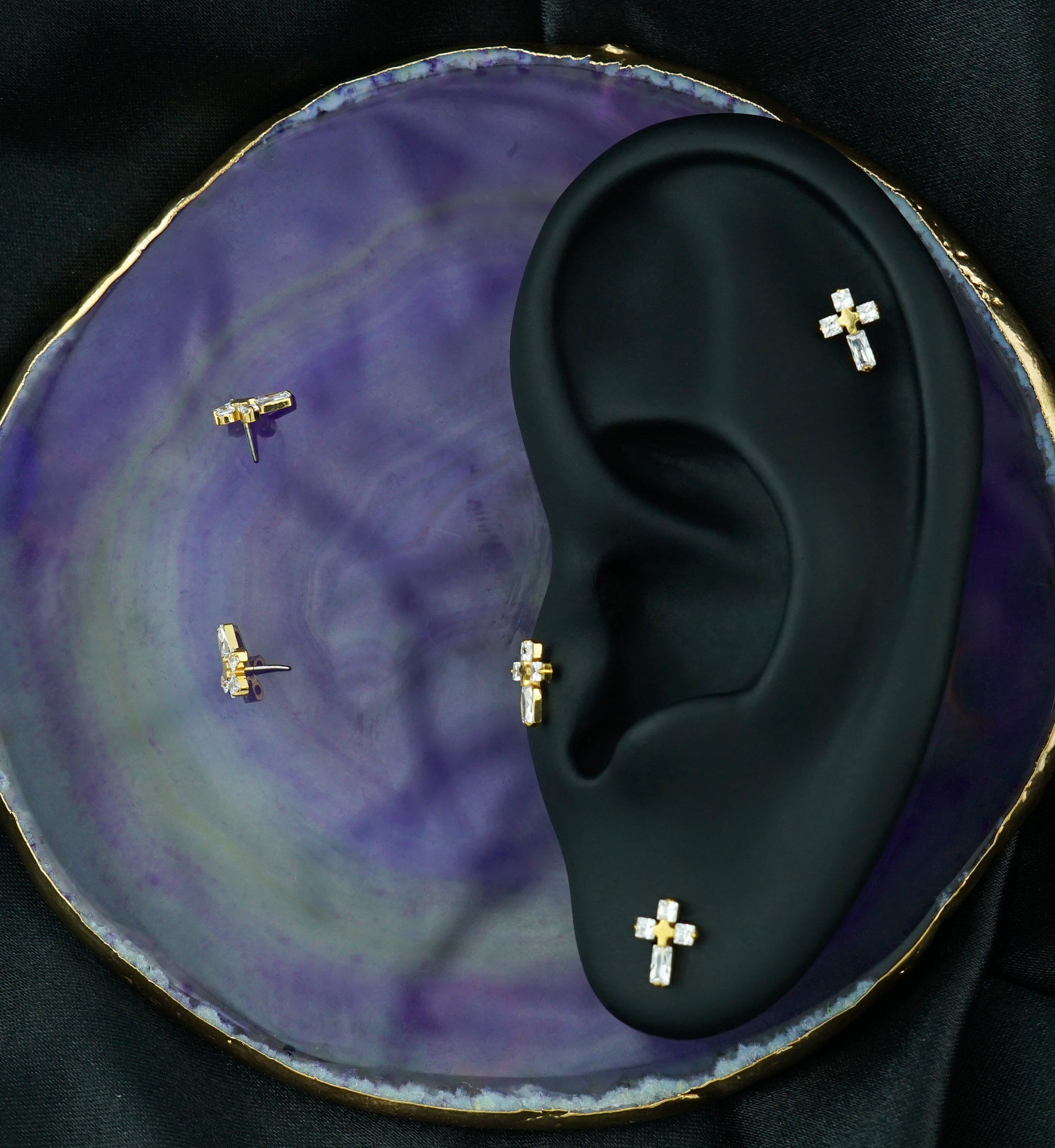 Gold PVD Cross Square Clear CZ Titanium Threadless Top