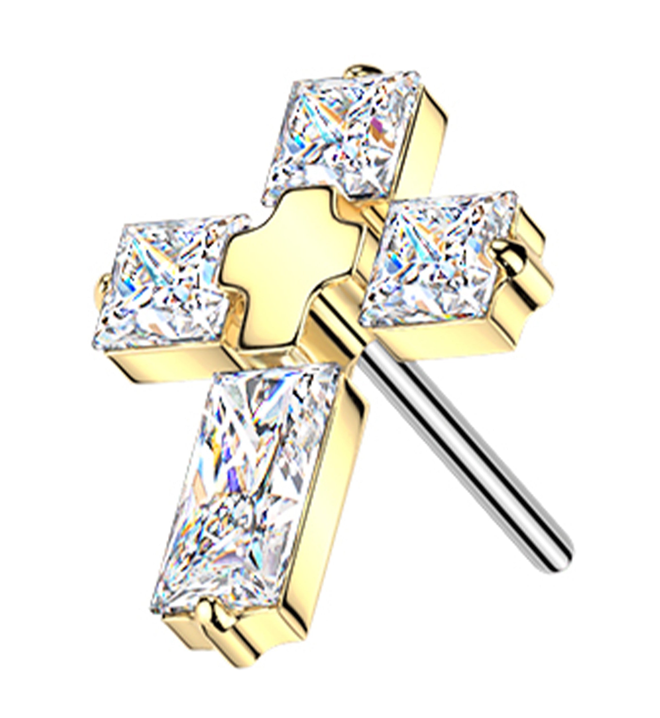 Gold PVD Cross Square Clear CZ Titanium Threadless Top