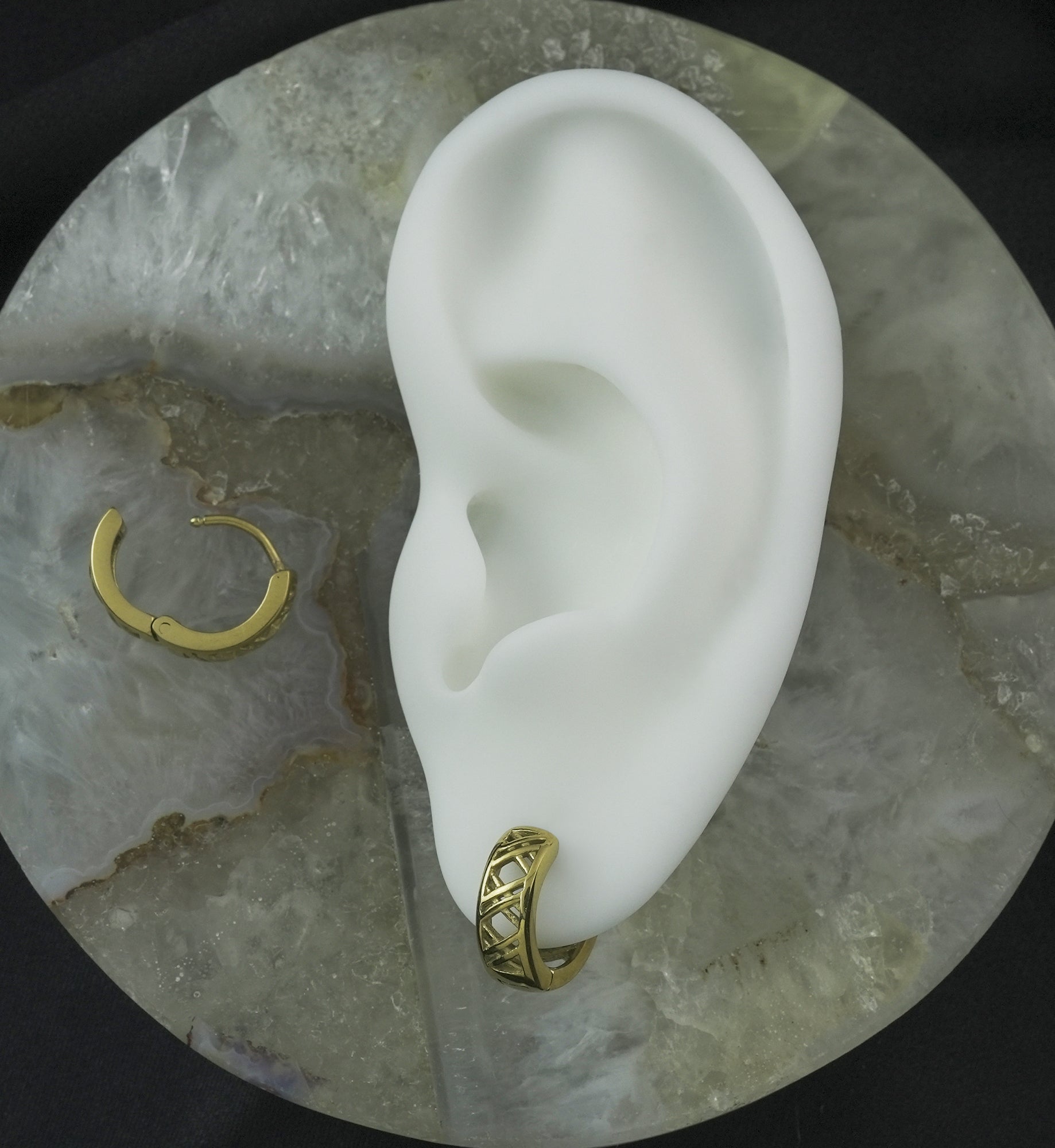 Gold PVD Crosshatch Stainless Steel Hinged Hoop Huggie Earrings