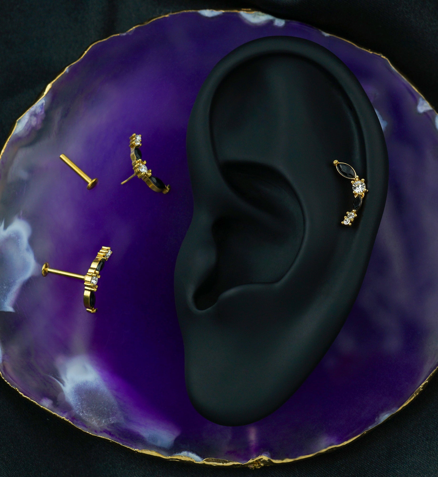 Gold PVD Curve Marquise Black And Clear CZ Threadless Titanium Labret