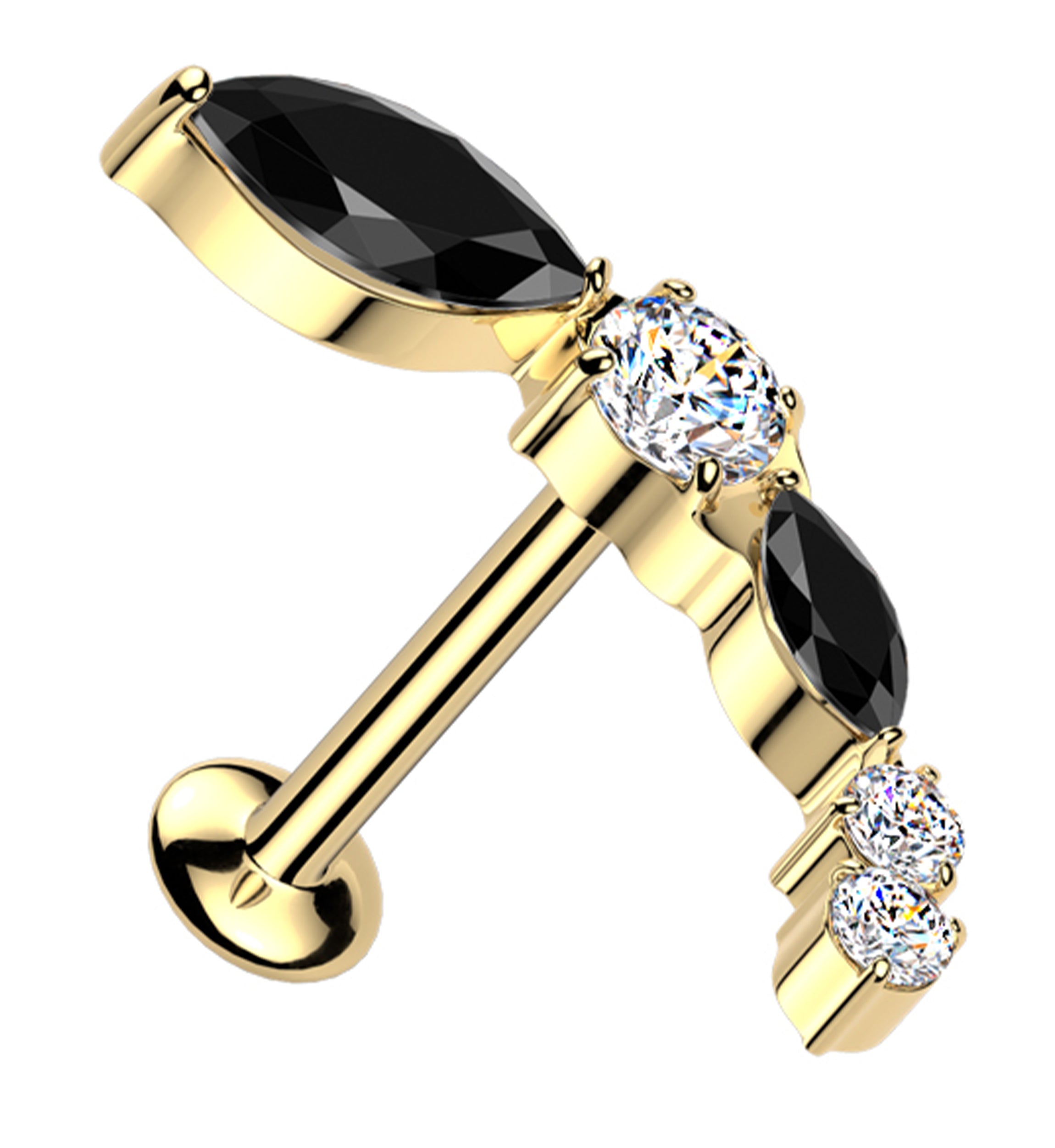 Gold PVD Curve Marquise Black And Clear CZ Threadless Titanium Labret