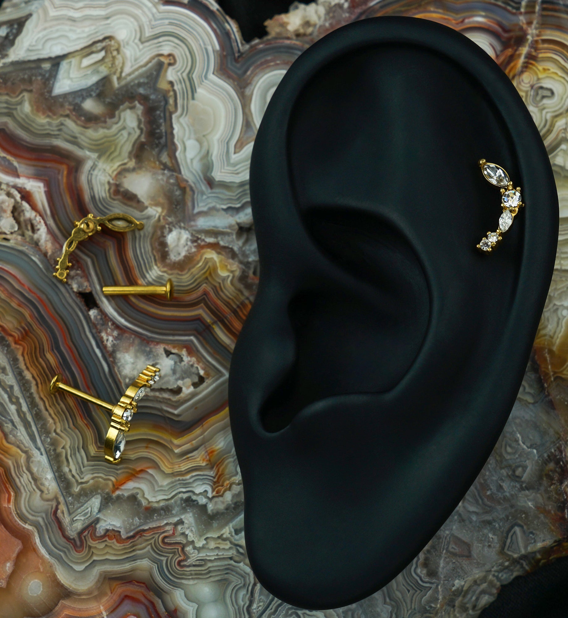 Gold PVD Curve Marquise Clear CZ Threadless Titanium Labret