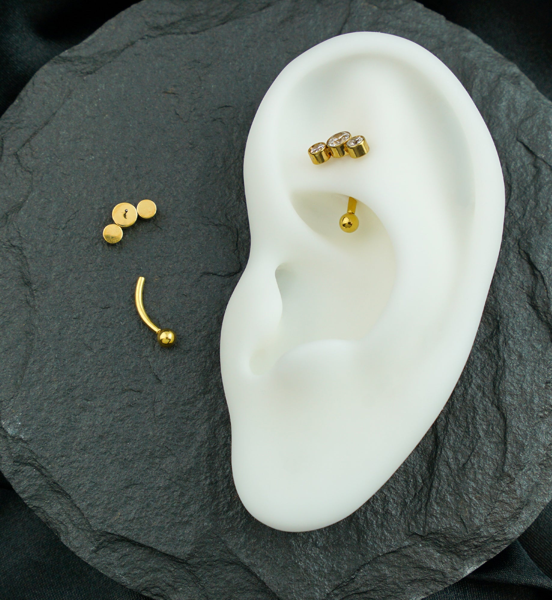 Gold PVD Curve Triple Clear CZ Threadless Titanium Curved Barbell