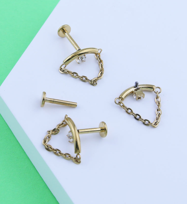 Gold PVD Curved Bar Clear CZ Dangle Chain Titanium Internally Threaded Labret