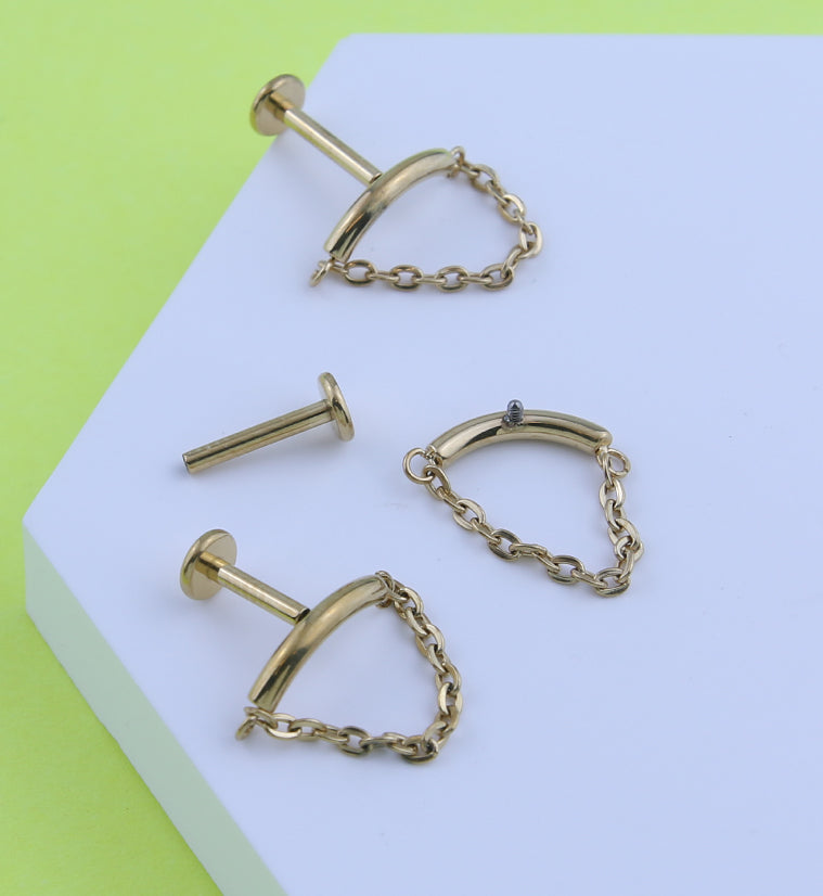Gold PVD Curved Bar Dangle Chain Titanium Internally Threaded Labret ...