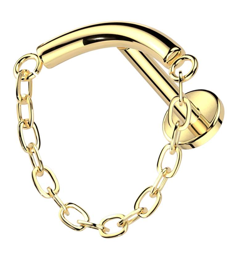 Gold PVD Curved Bar Dangle Chain Titanium Internally Threaded Labret ...
