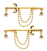 Gold PVD Dagger Dangle Chain Teardrop CZ Stainless Steel Nipple Barbell