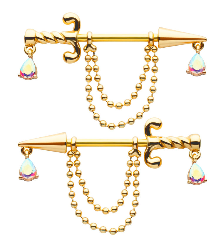 Gold PVD Dagger Dangle Chain Teardrop Rainbow Aurora CZ Stainless Steel Nipple Barbell