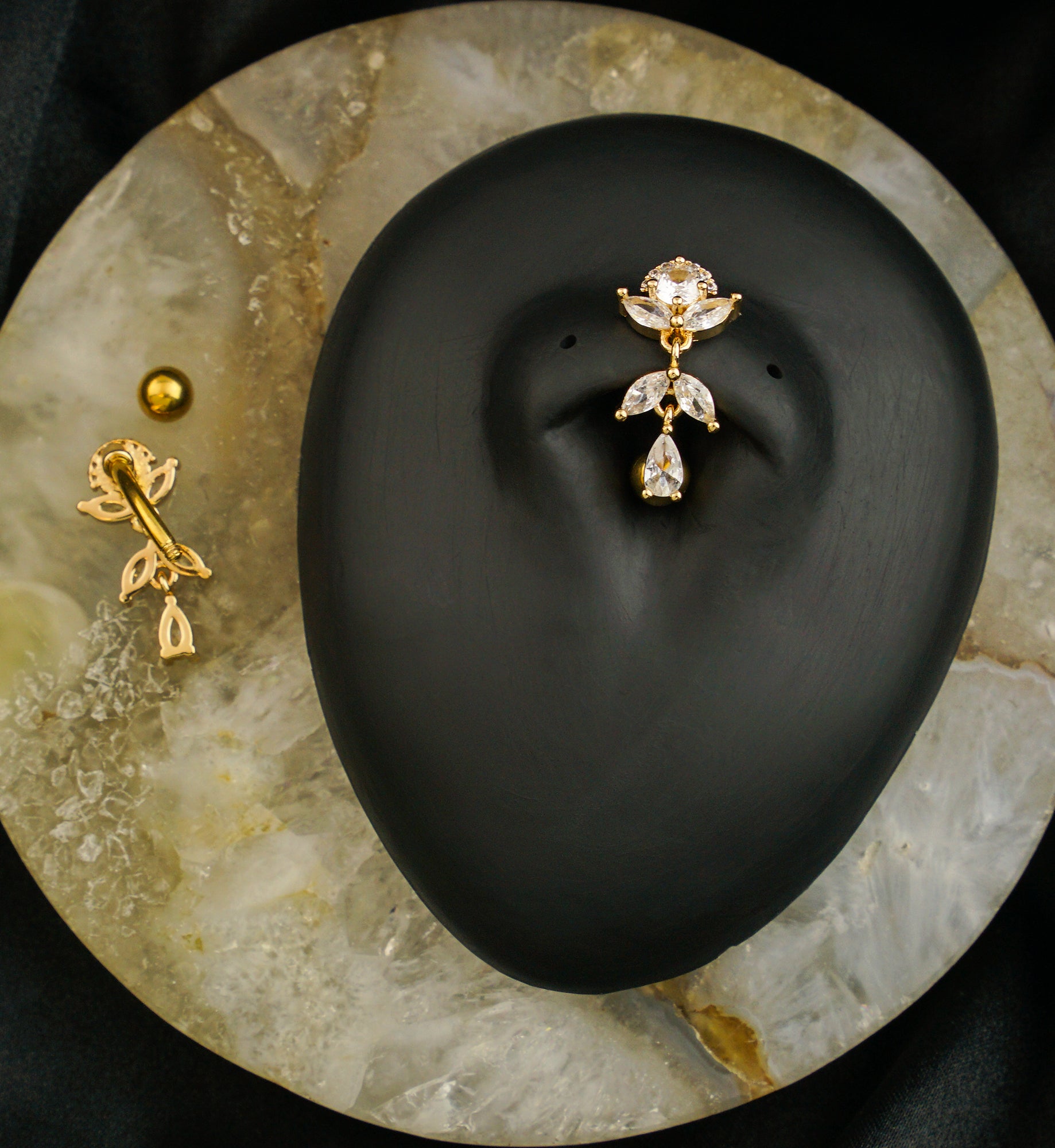 Gold PVD Dancing Flower Clear CZ Dangle Titanium Belly Button Ring