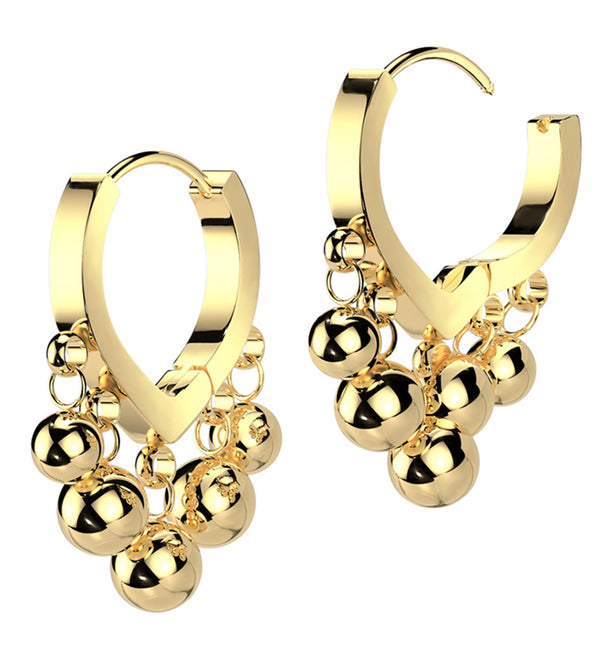 Gold PVD Dangle Beads Stainless Steel Hinged Hoop Earrings