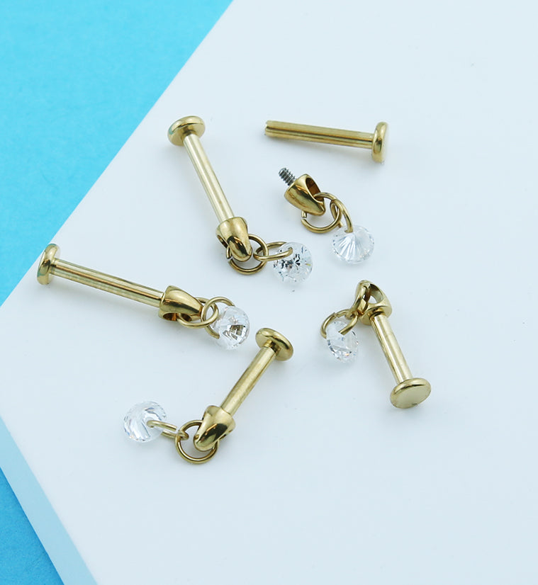 Gold PVD Dangle Clear CZ Charm Internally Threaded Titanium Labret