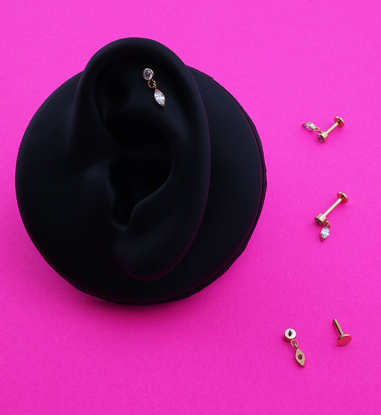 Gold PVD Dangle Marquise Clear CZ Internally Threaded Titanium Labret