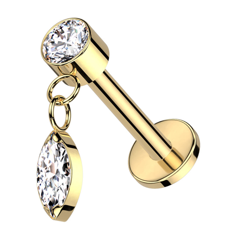 Gold PVD Dangle Marquise Clear CZ Internally Threaded Titanium Labret