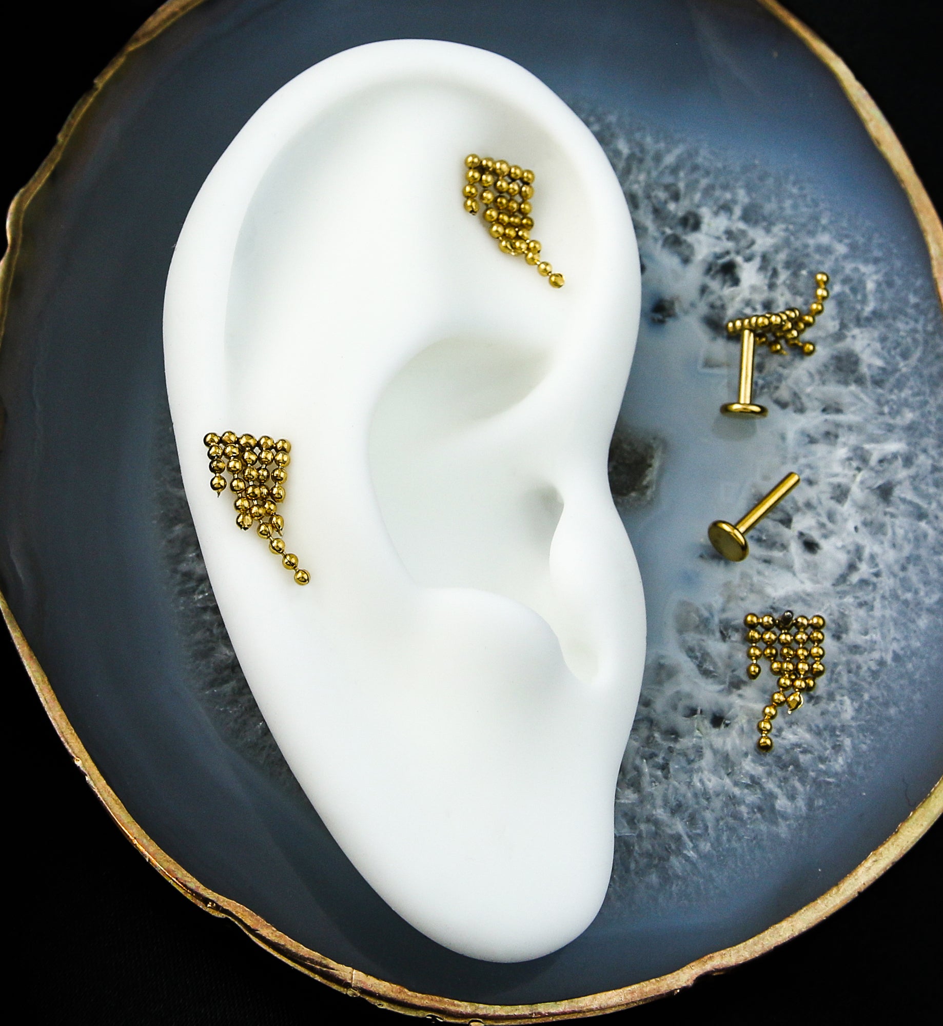 Gold PVD Descend Quinate Beaded Dangle Internally Threaded Stainless Steel Labret