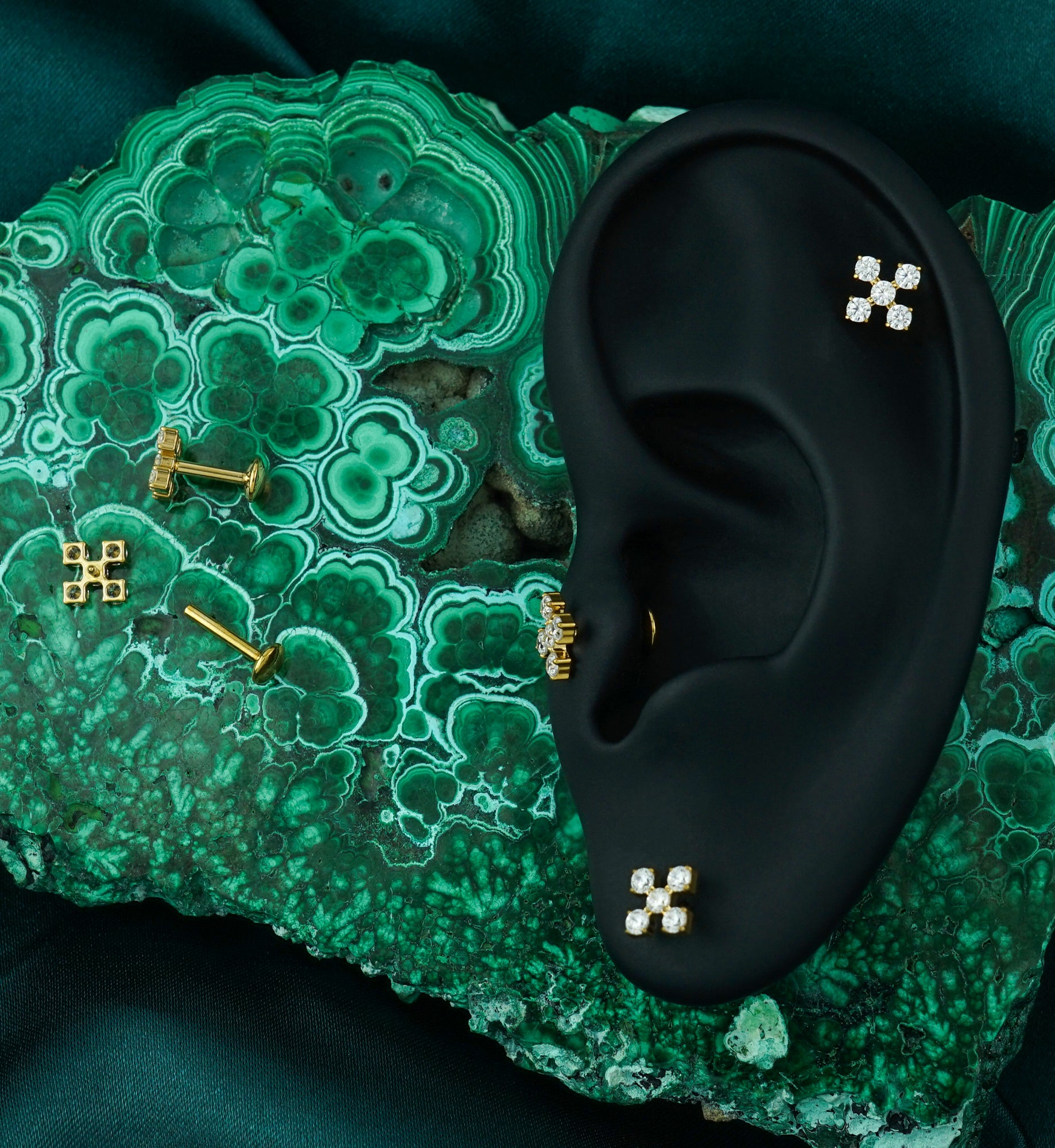 Gold PVD Dice Five Clear CZ Internally Threaded Titanium Convex Disk Labret