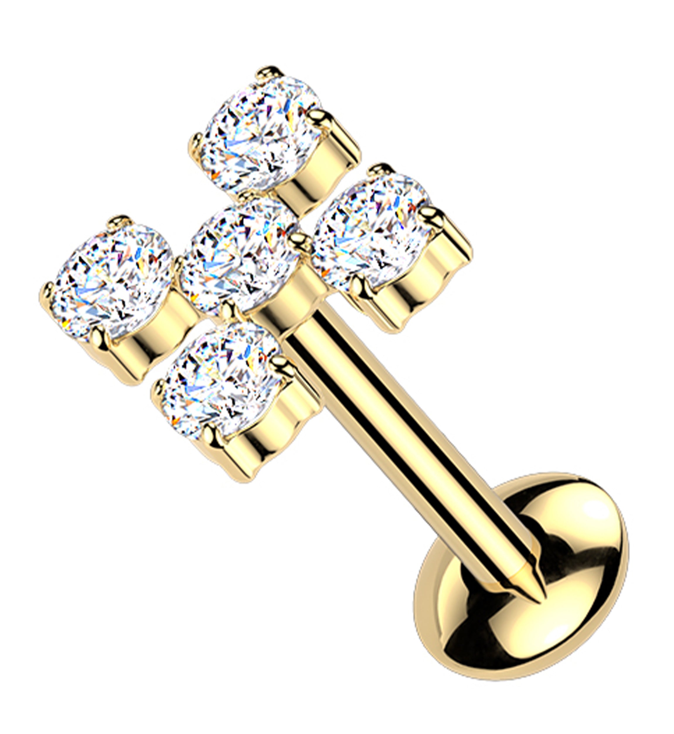 Gold PVD Dice Five Clear CZ Internally Threaded Titanium Convex Disk Labret