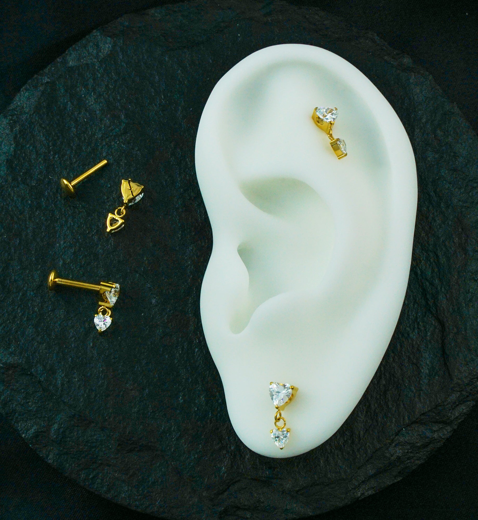 Gold PVD Double Heart Dangle Clear CZ Threadless Titanium Convex Disk Labret