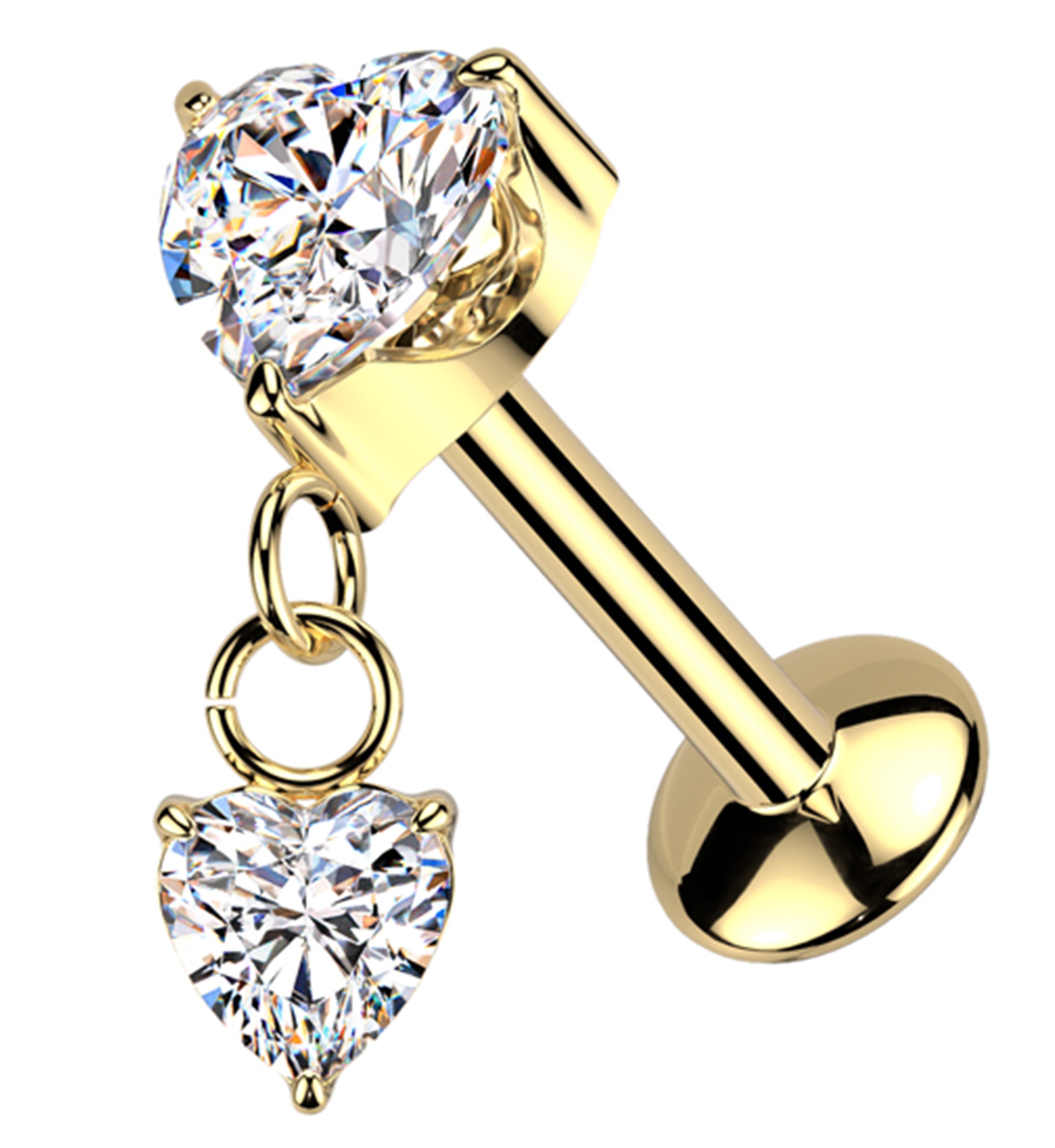Gold PVD Double Heart Dangle Clear CZ Threadless Titanium Convex Disk Labret