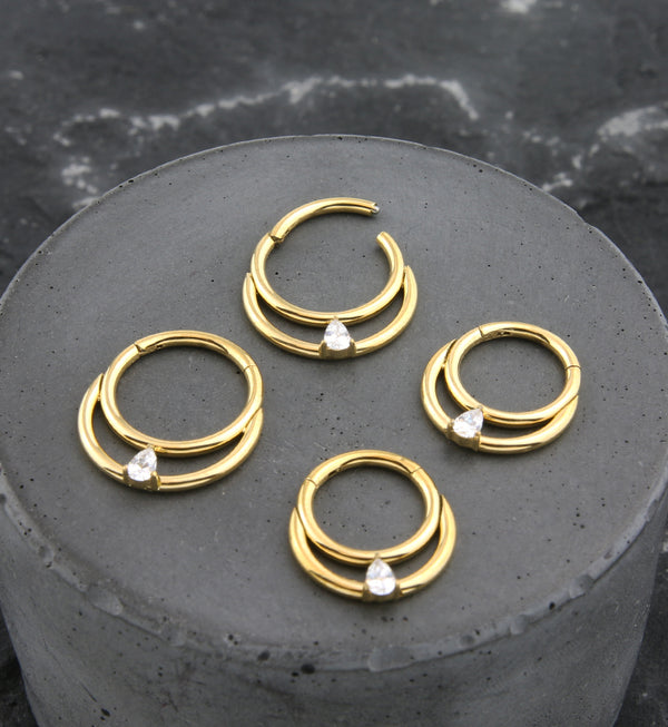 Gold PVD Double Hoop Teardrop CZ Titanium Hinged Segment Ring