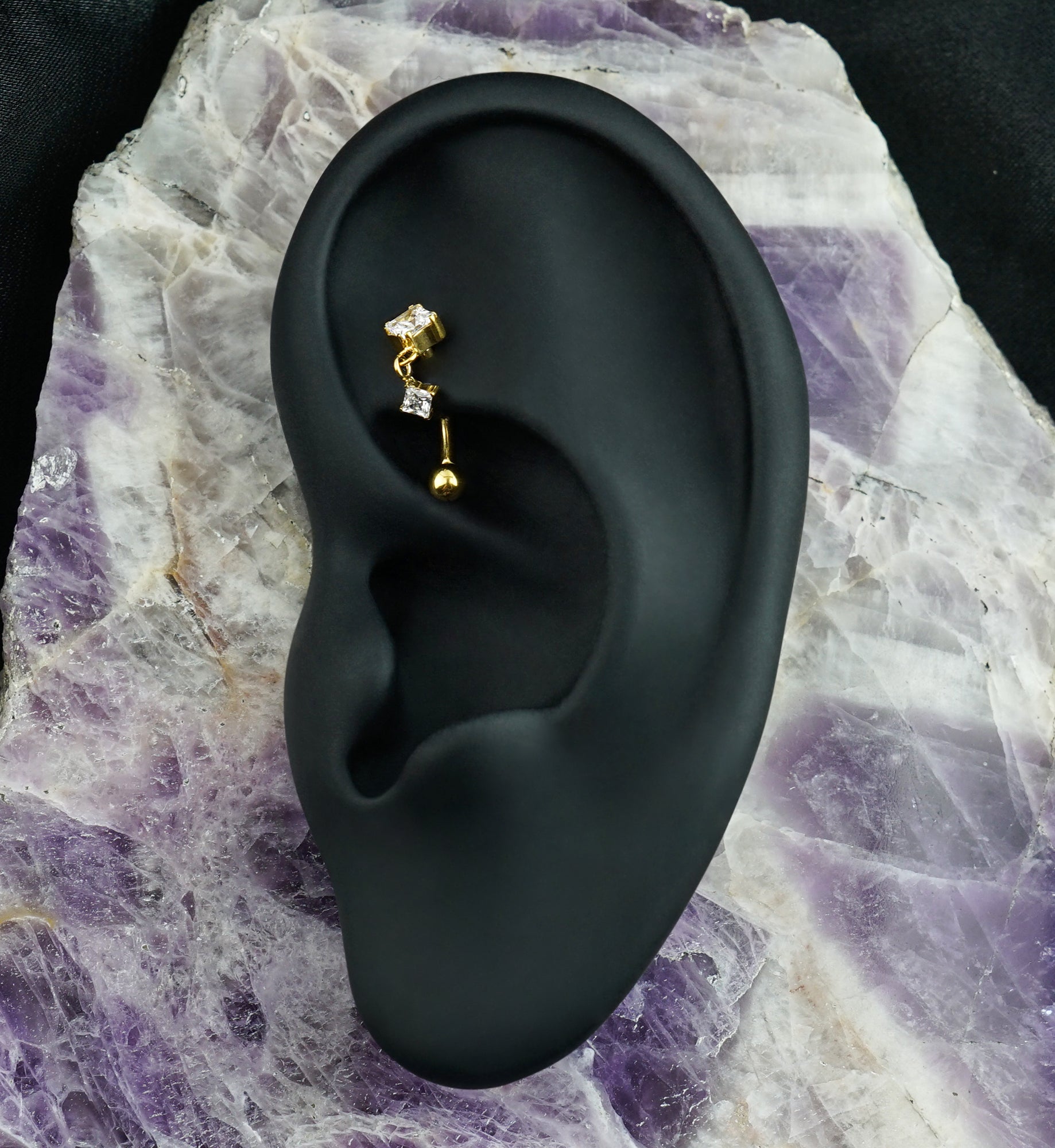 Gold PVD Double Rhombus CZ Dangle Titanium Threadless Curved Barbell