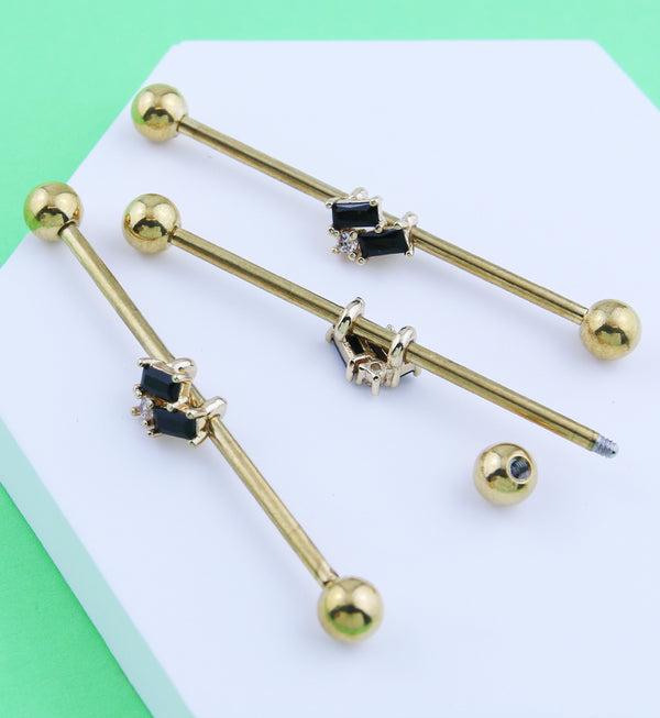 Gold PVD Double Slanted Baguette Black CZ Stainless Steel Industrial Barbell