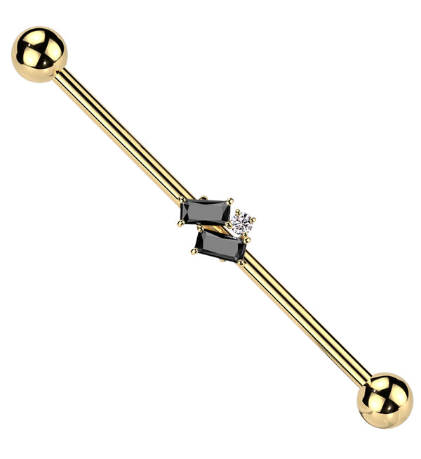 Gold PVD Double Slanted Baguette Black CZ Stainless Steel Industrial Barbell