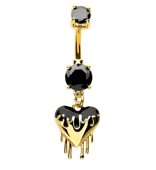 Gold PVD Dripping Heart Black CZ Stainless Steel Belly Button Ring