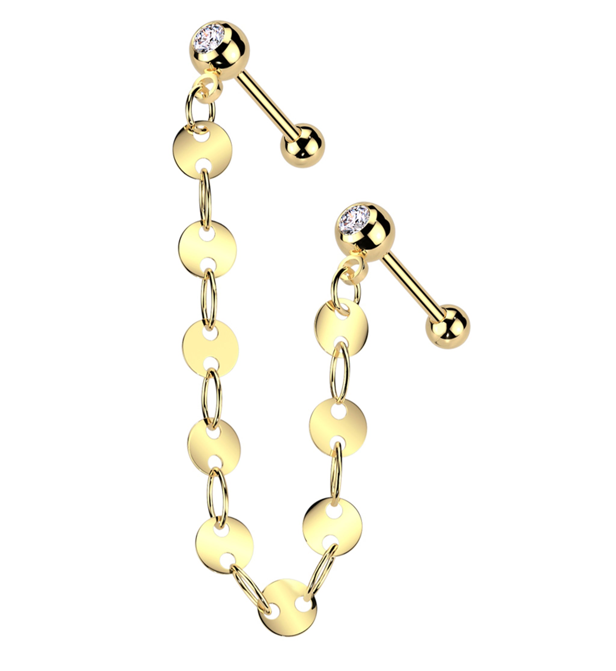 Gold PVD Dual Barbell Clear CZ Stainless Steel Flat Disk Link Piercing