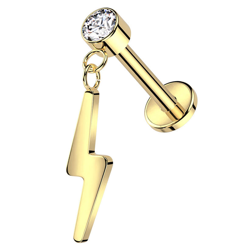 Gold PVD Electric Bolt Dangle Clear CZ Titanium Threadless Labret