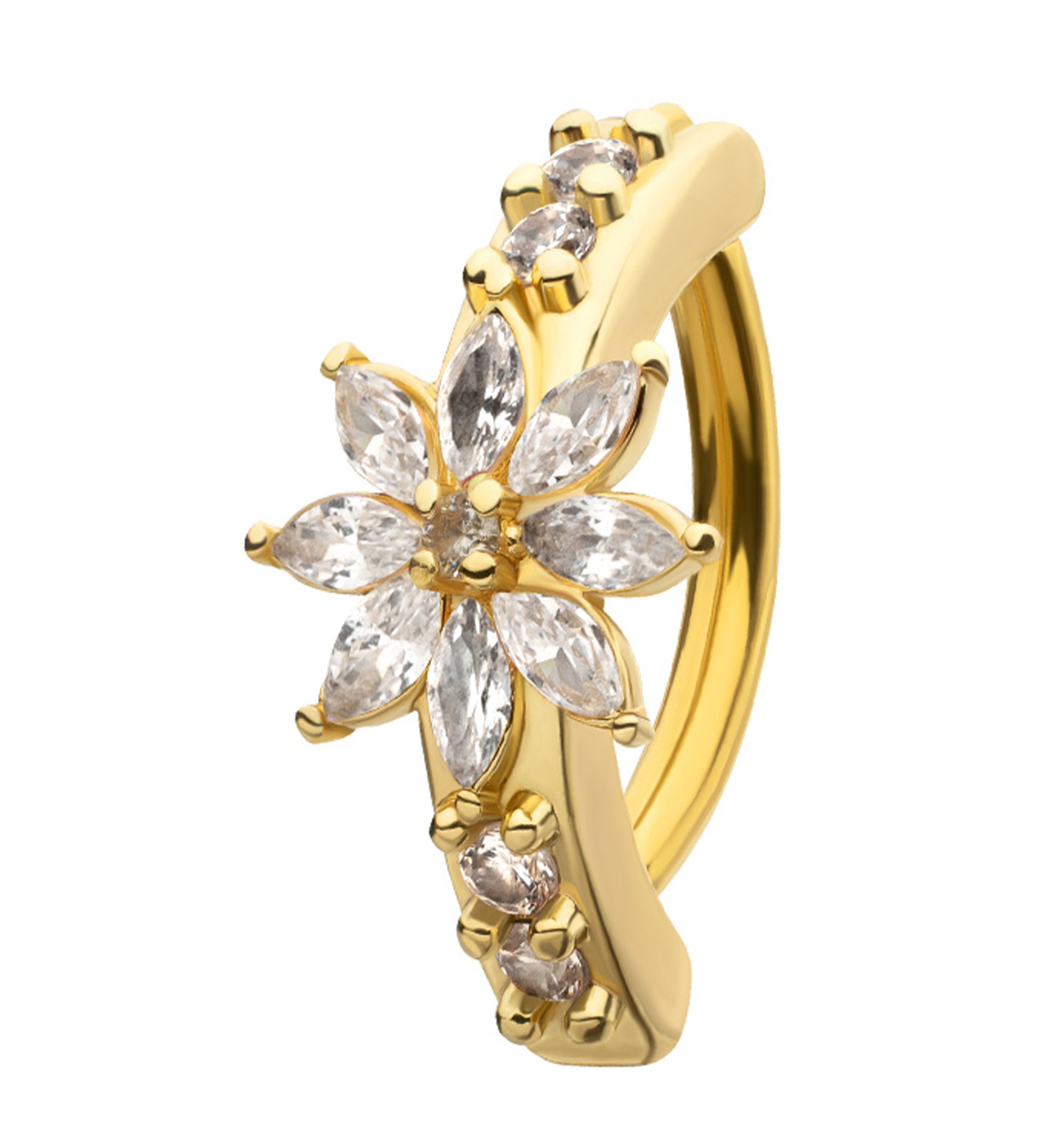 Gold PVD Elegant Flower Clear CZ Stainless Steel Hinged Belly Button Ring