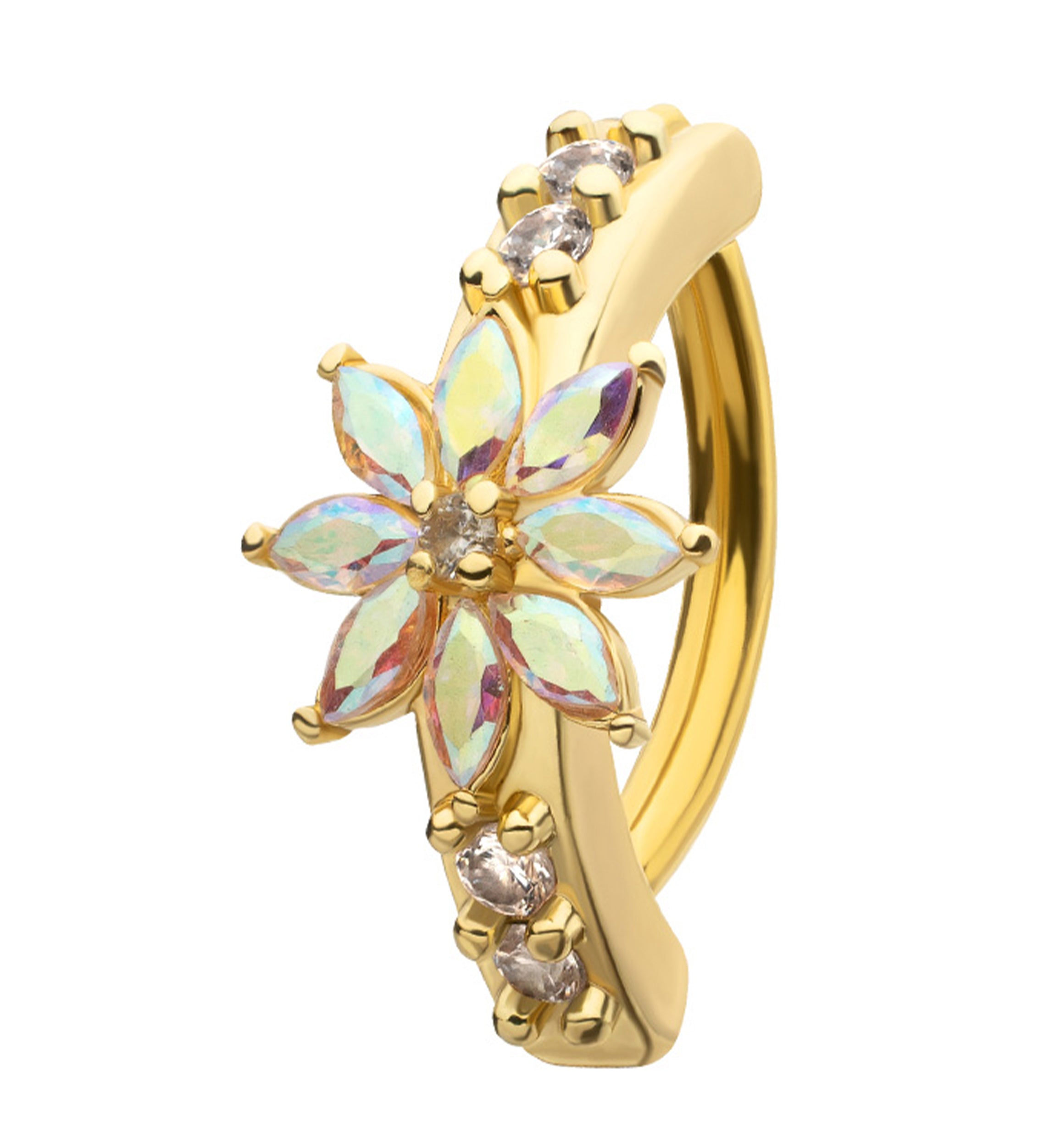Gold PVD Elegant Flower Rainbow Aurora CZ Stainless Steel Hinged Belly Button Ring
