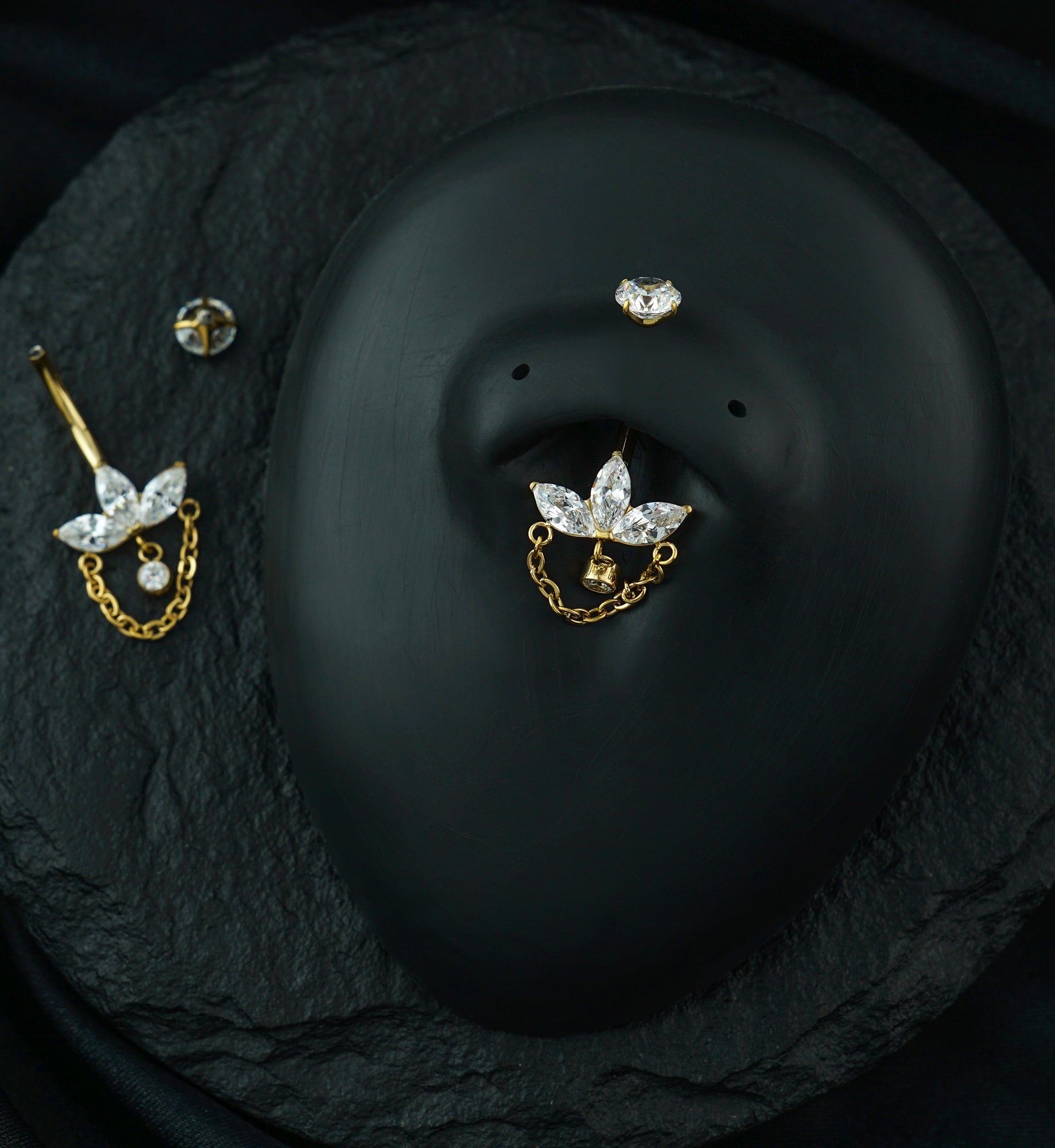 Gold PVD Empress Clear CZ Dangle Chain Titanium Internally Threaded Belly Button Ring