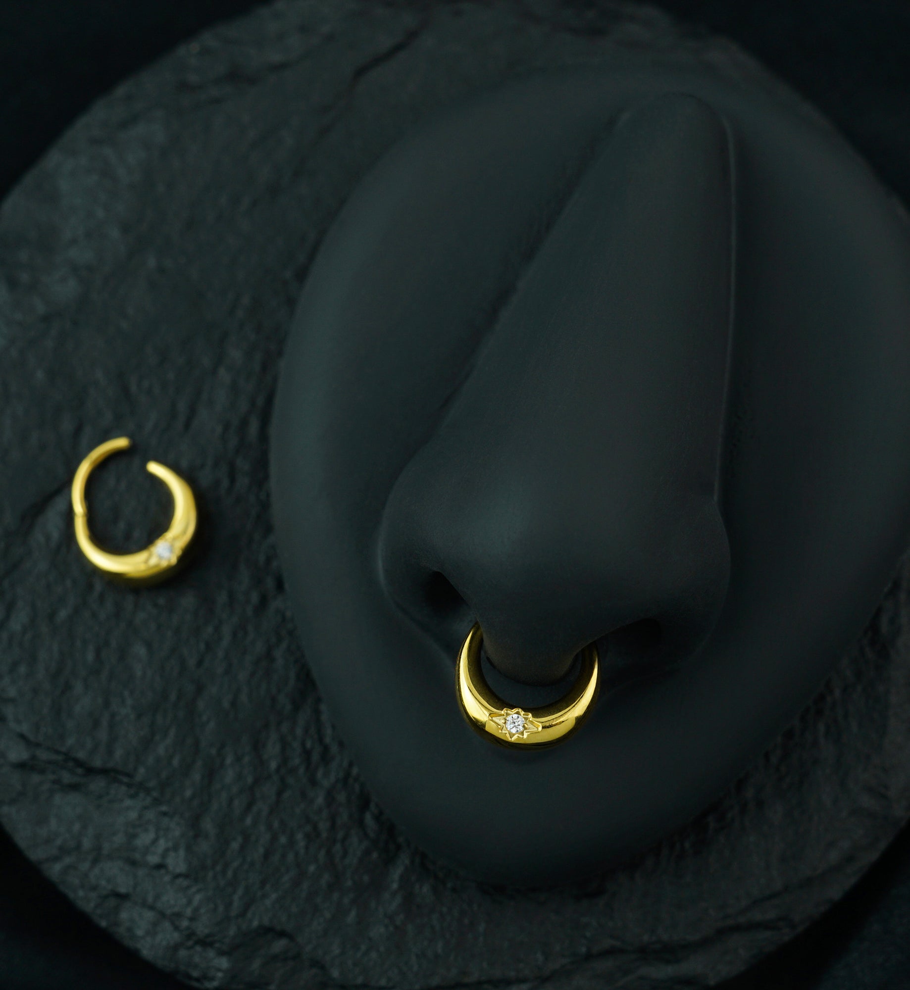 24kt Gold PVD Etched Star Clear CZ Titanium Hinged Segment Ring