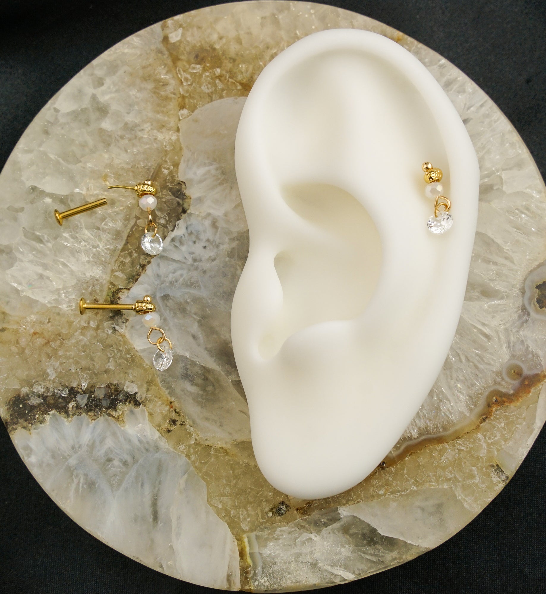 Gold PVD Faceted Bead Clear CZ Dangle Stainless Steel Convex Back Threadless Labret