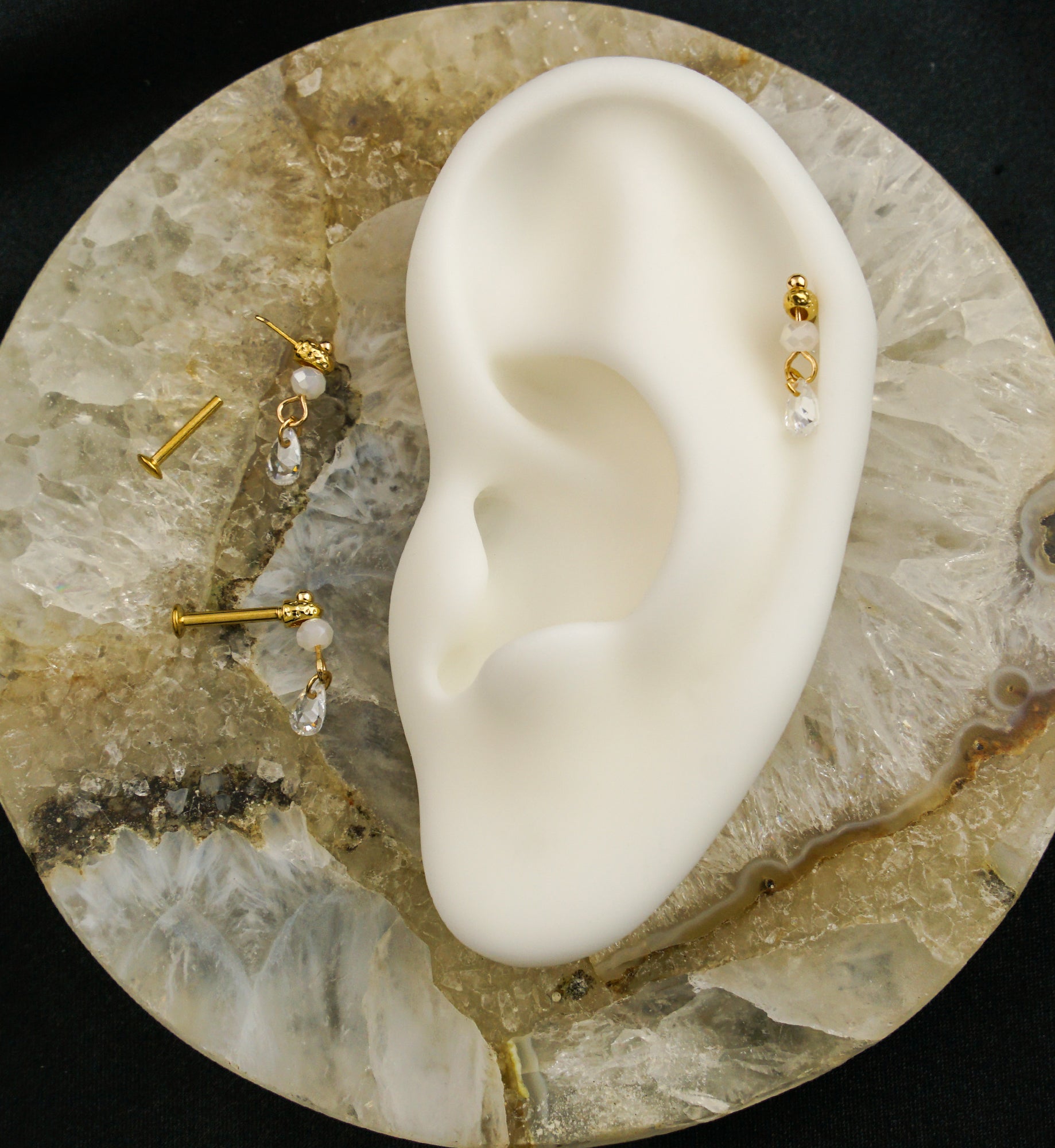 Gold PVD Faceted Bead Teardrop CZ Dangle Stainless Steel Convex Back Threadless Labret