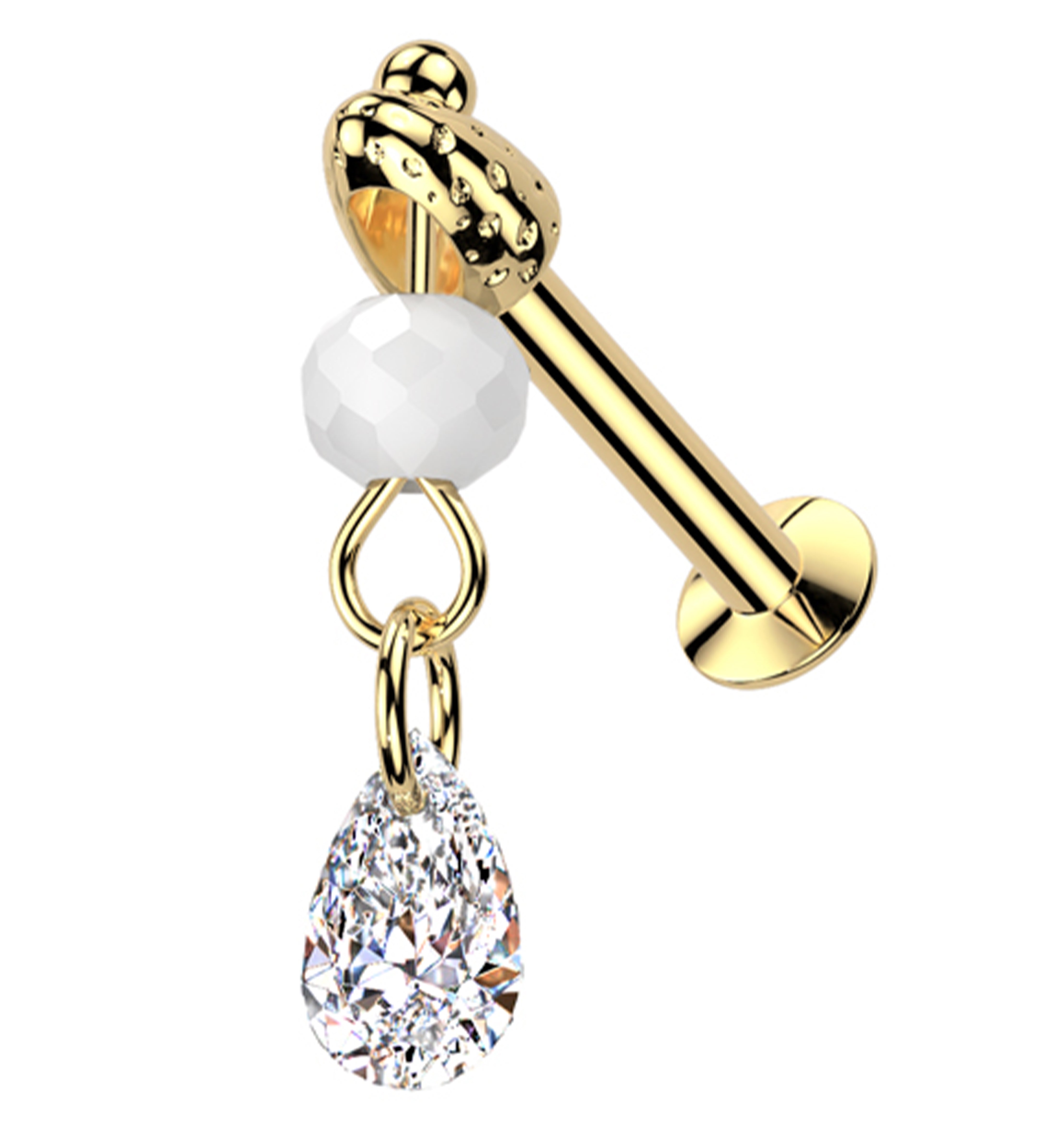 Gold PVD Faceted Bead Teardrop CZ Dangle Stainless Steel Convex Back Threadless Labret