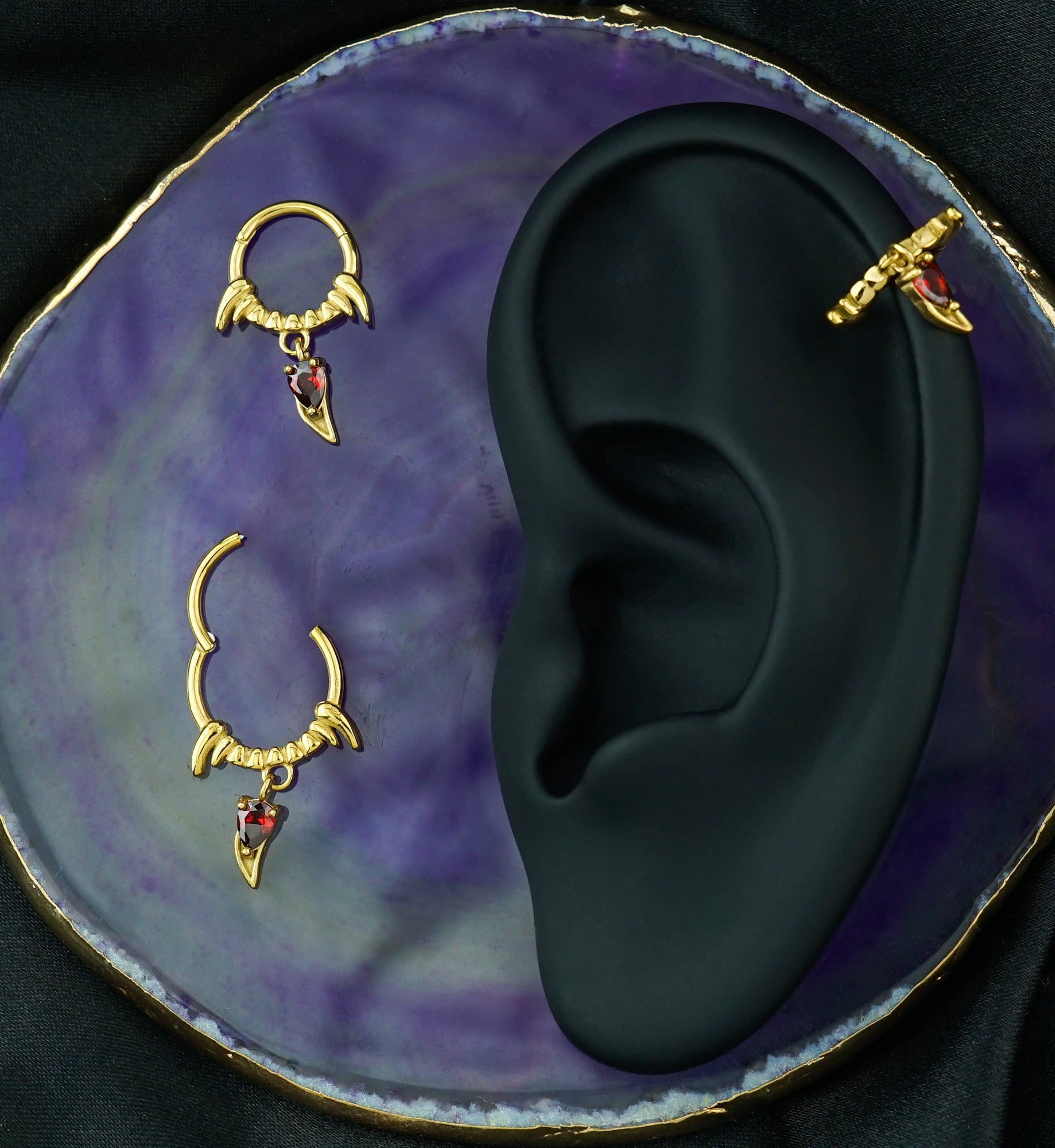 Gold PVD Fangs Red CZ Dangle Stainless Steel Hinged Segment Ring