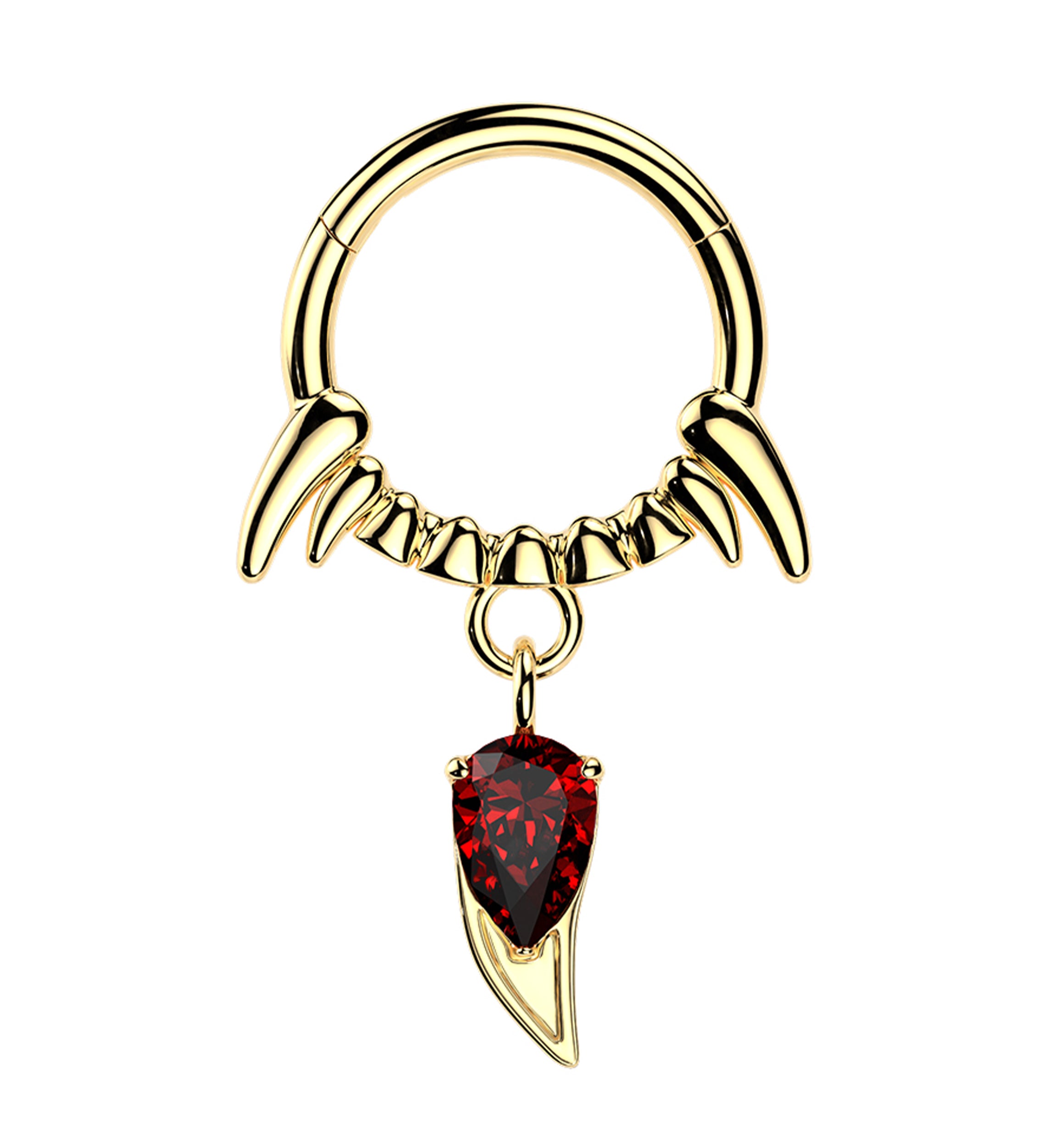 Gold PVD Fangs Red CZ Dangle Stainless Steel Hinged Segment Ring