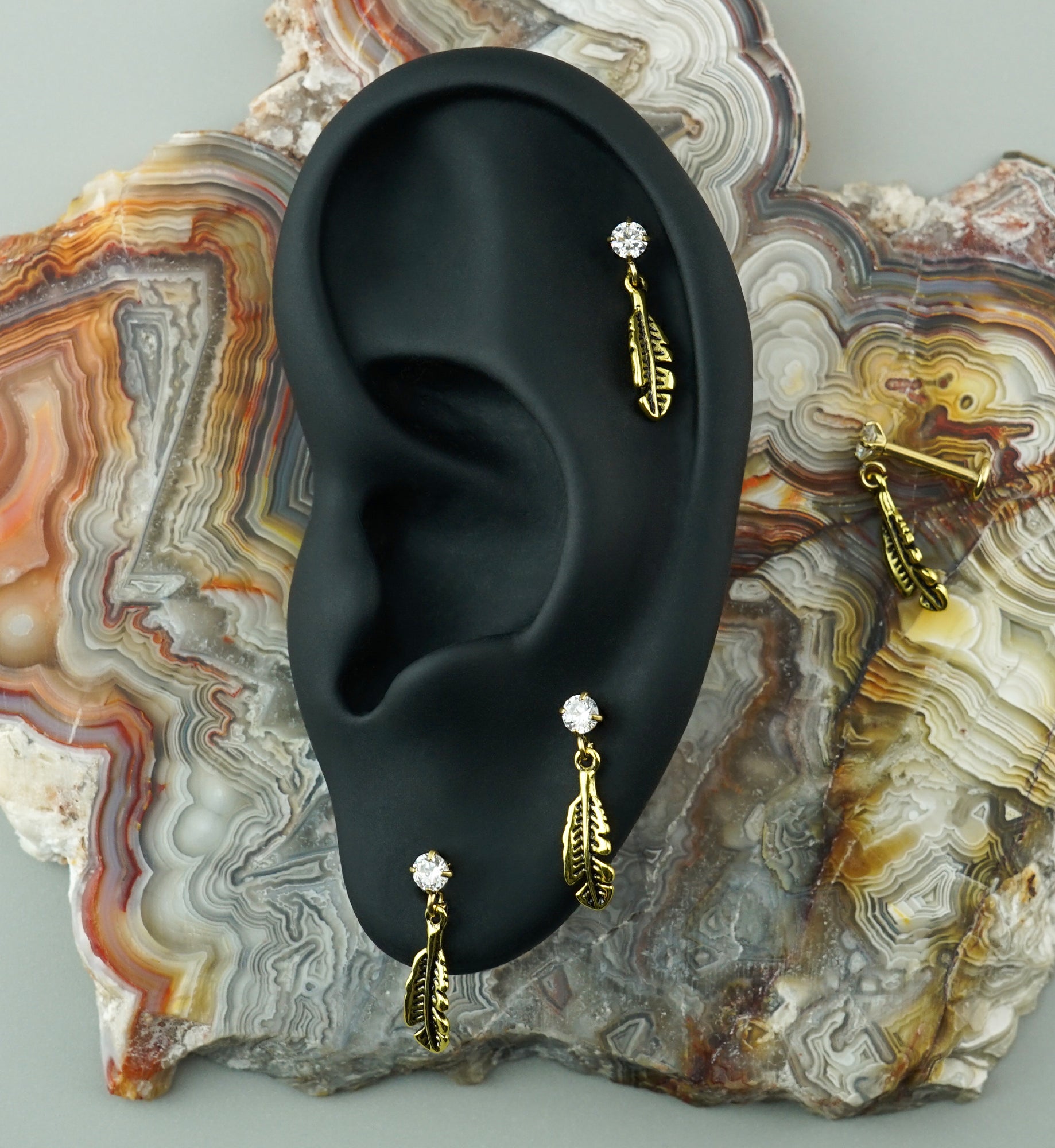 Gold PVD Feather Dangle CZ Stainless Steel Threadless Labret