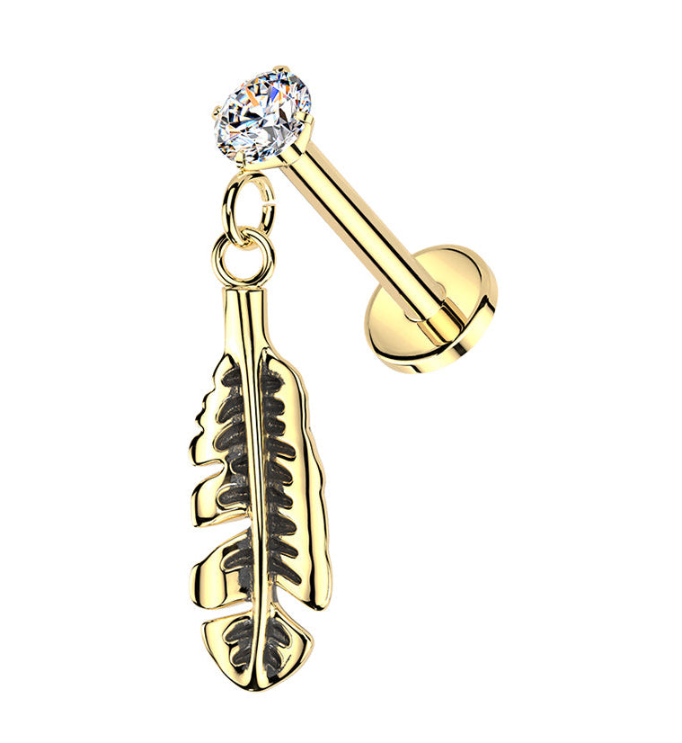 Gold PVD Feather Dangle CZ Stainless Steel Threadless Labret